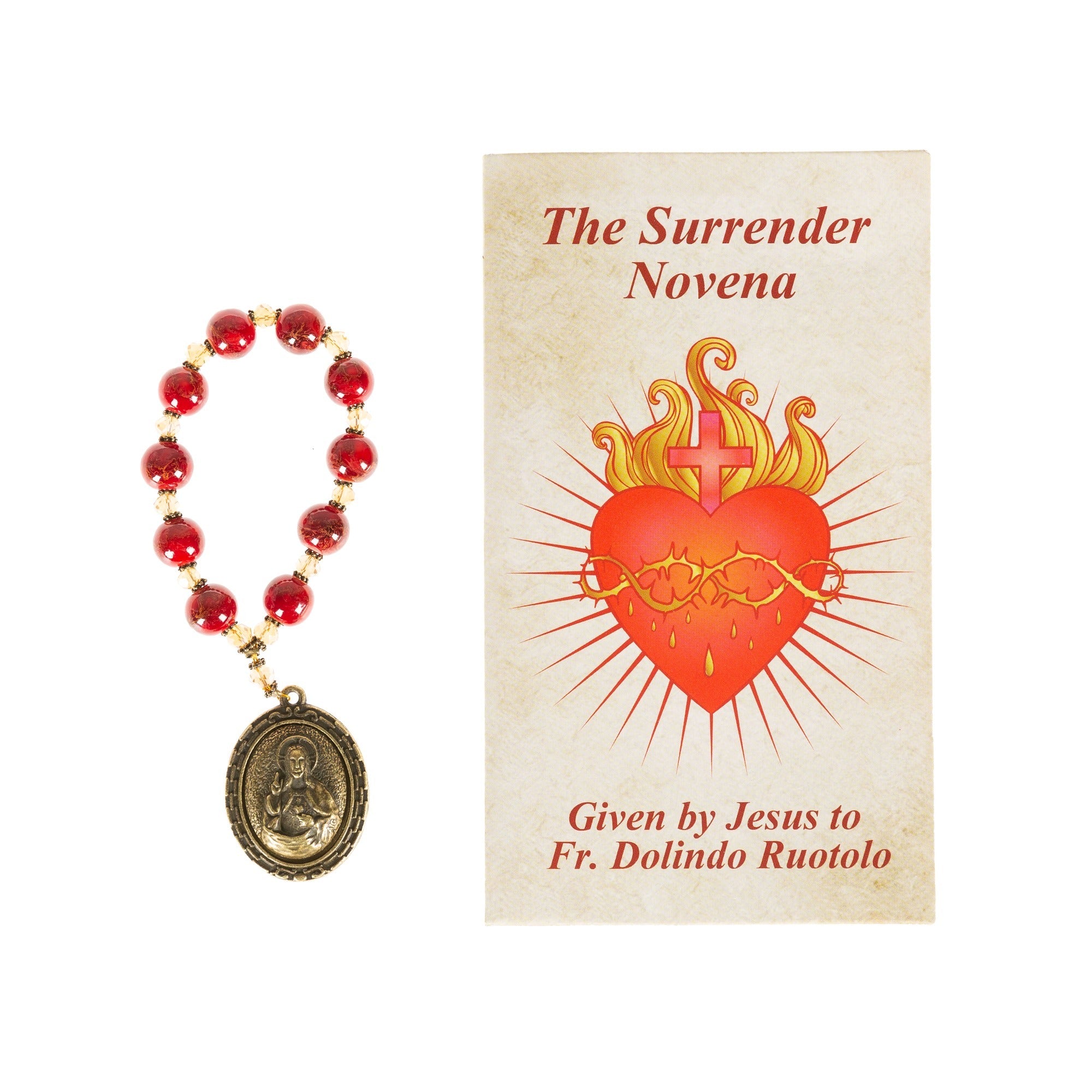 Religious set with red beaded prayer beads and "Surrender Novena" prayer card, heart graphic.