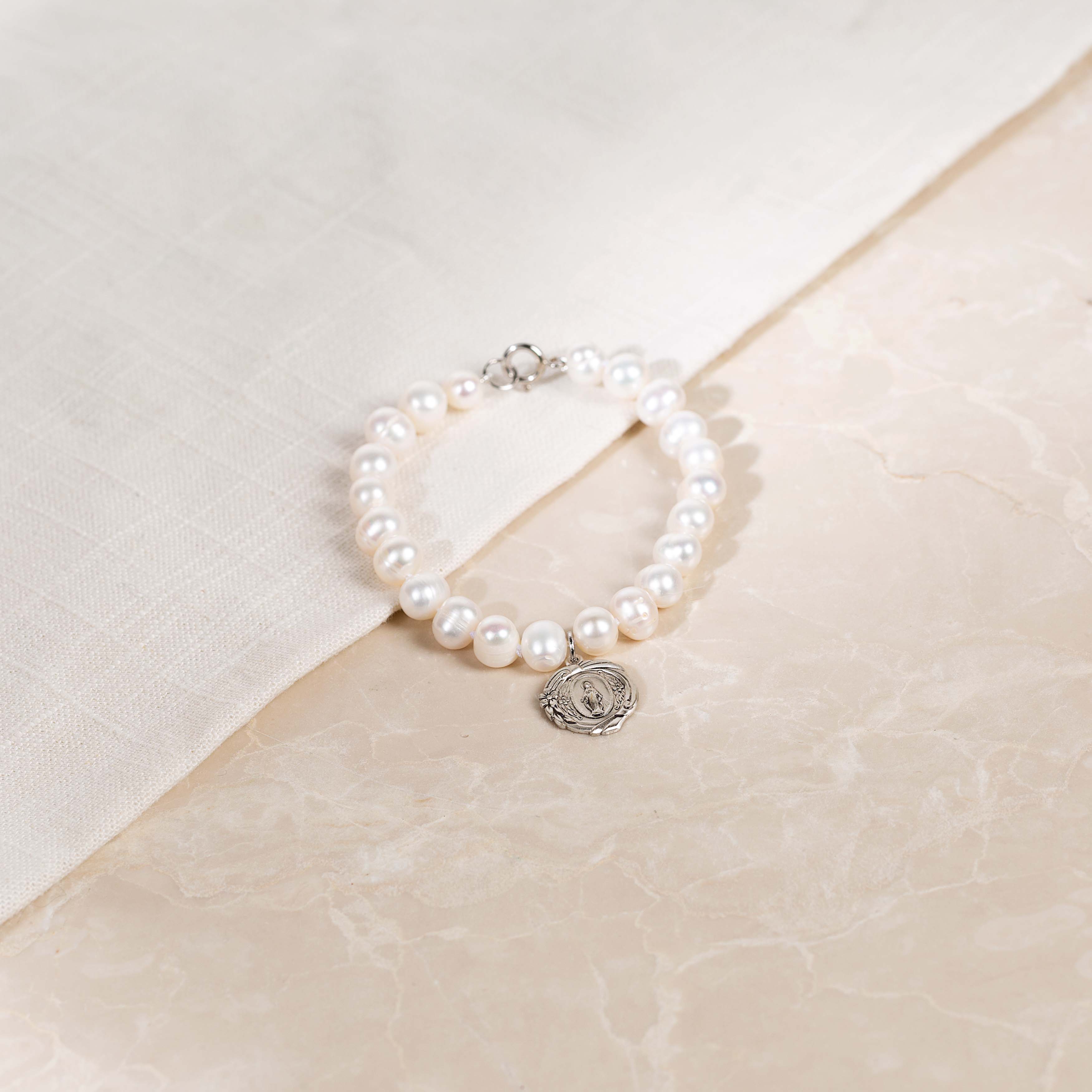 Archive Collection Pearl & Floral Miraculous Medal Bracelet