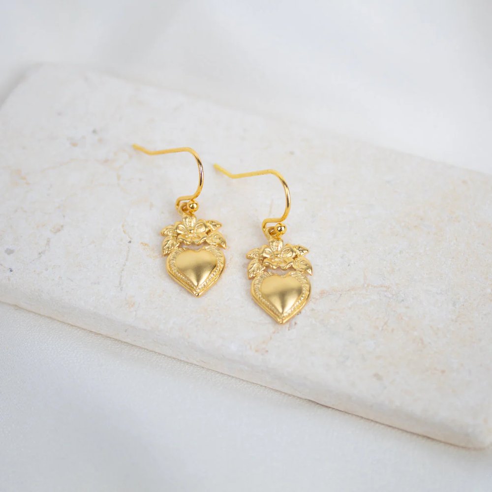 Gold Sacred Heart Flower Earrings