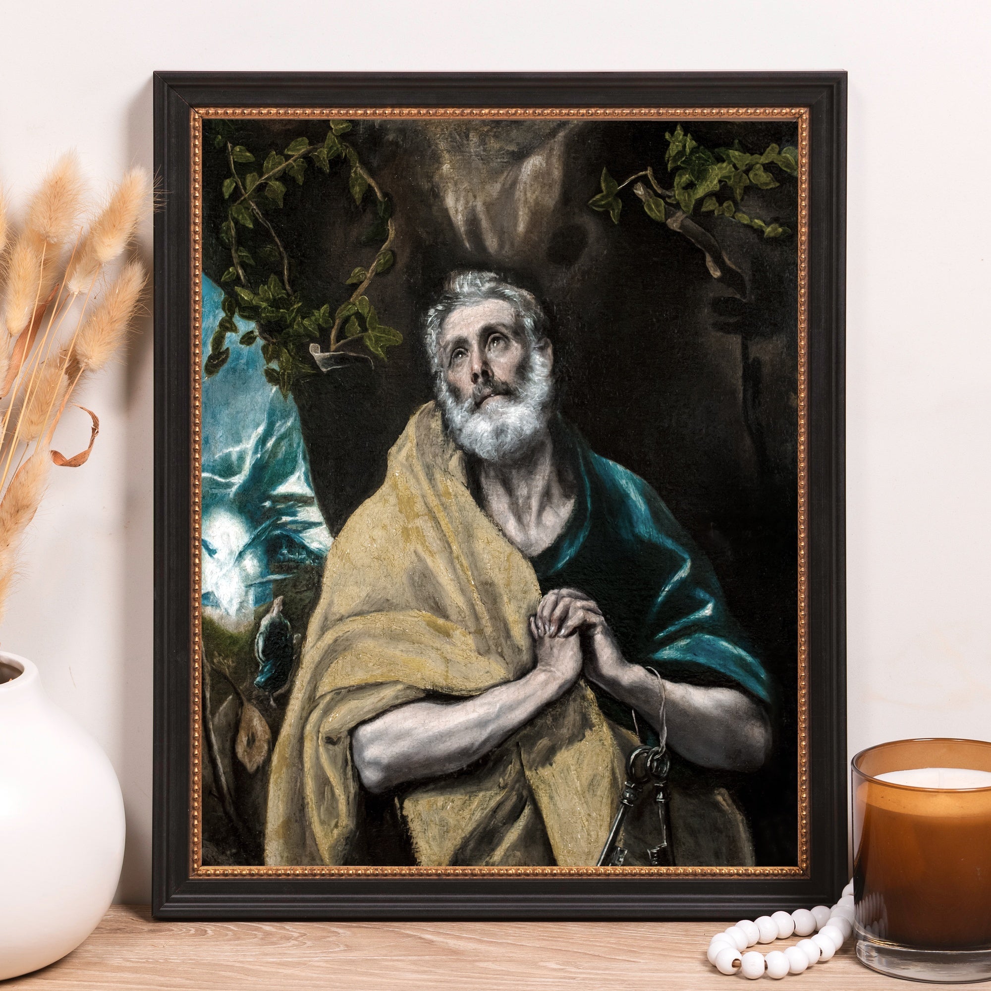 Framed fine art print, "St. Peter in Tears" by El Greco, featuring a teal and yellow palette, in a black frame.