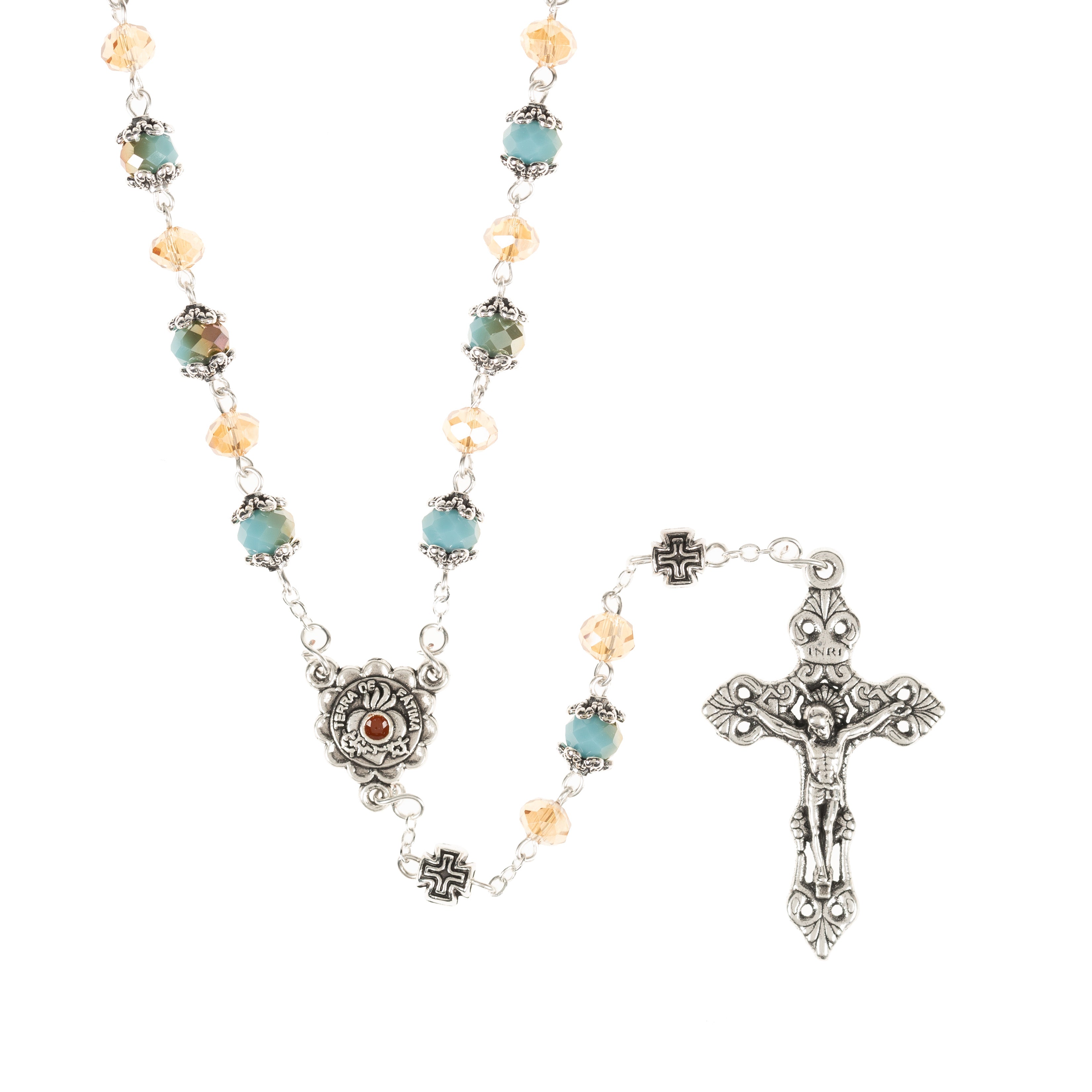 Southwestern Style Our Lady of Fatima Aqua & Peach Crystal Rosary