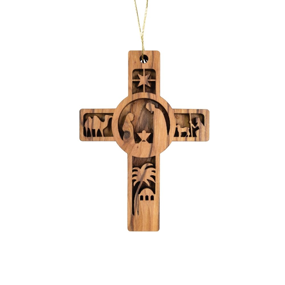 Holy Land 3-D Nativity Cross Olive Wood Ornament