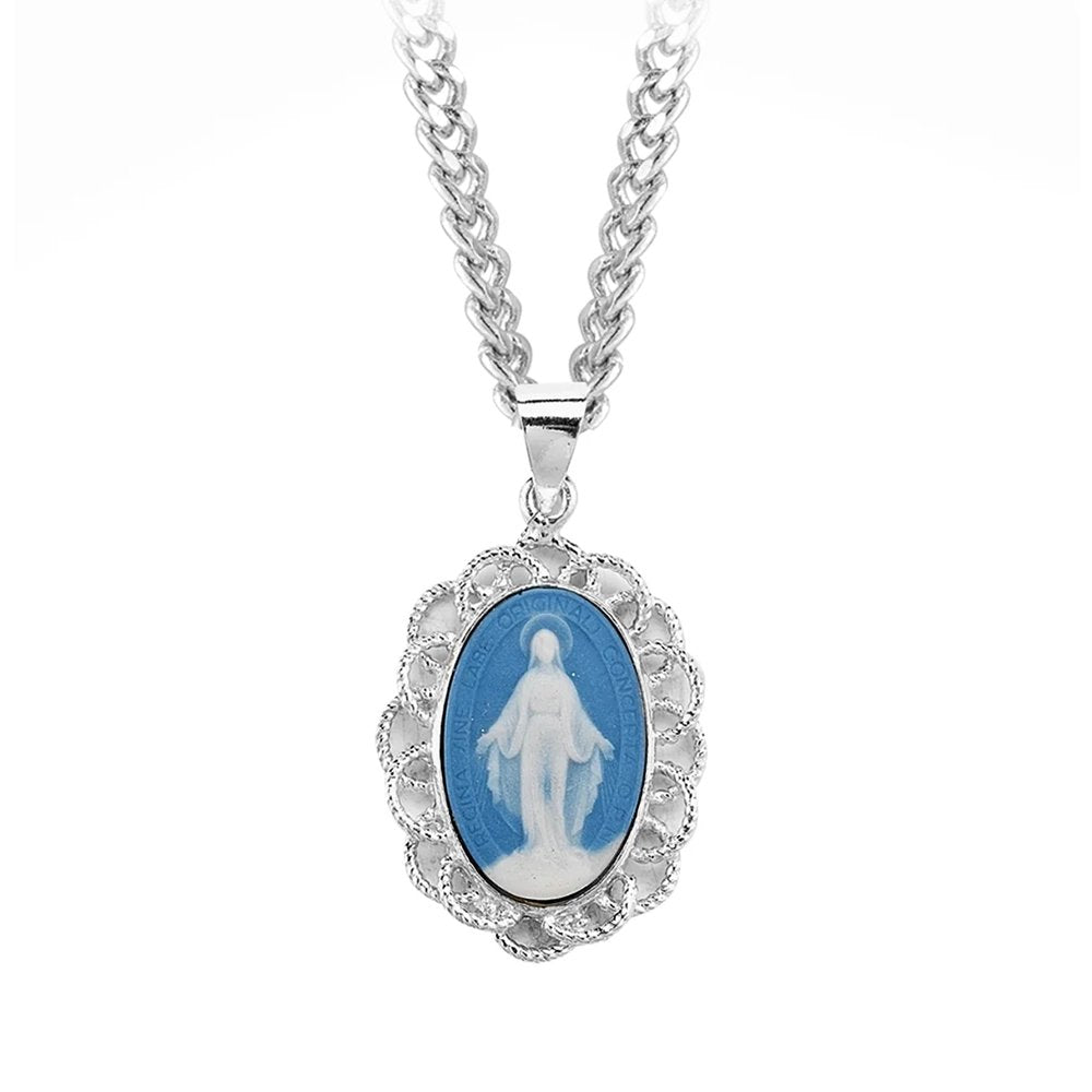 Light Blue Cameo Miraculous Medal Necklace