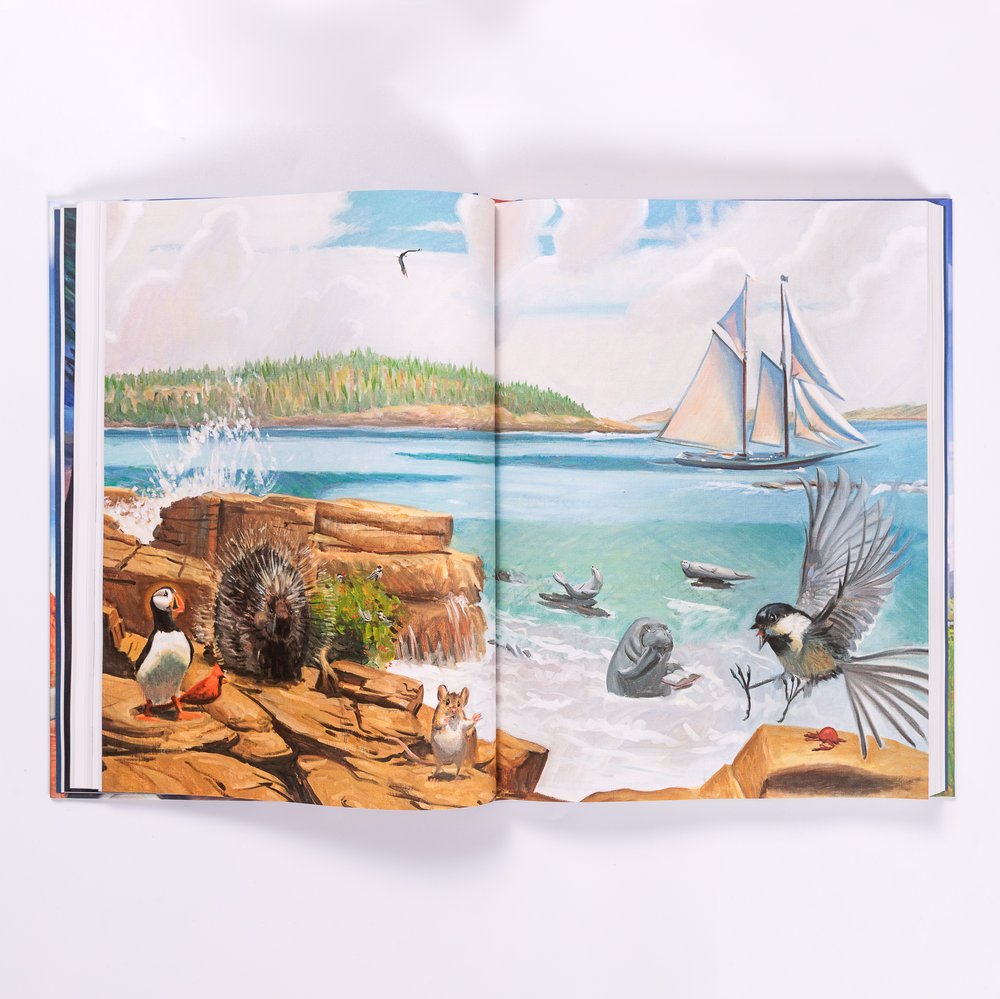 Opened Hardcover children's book displays full-page watercolor illustration of a coastal scene with animals and a sailboat.