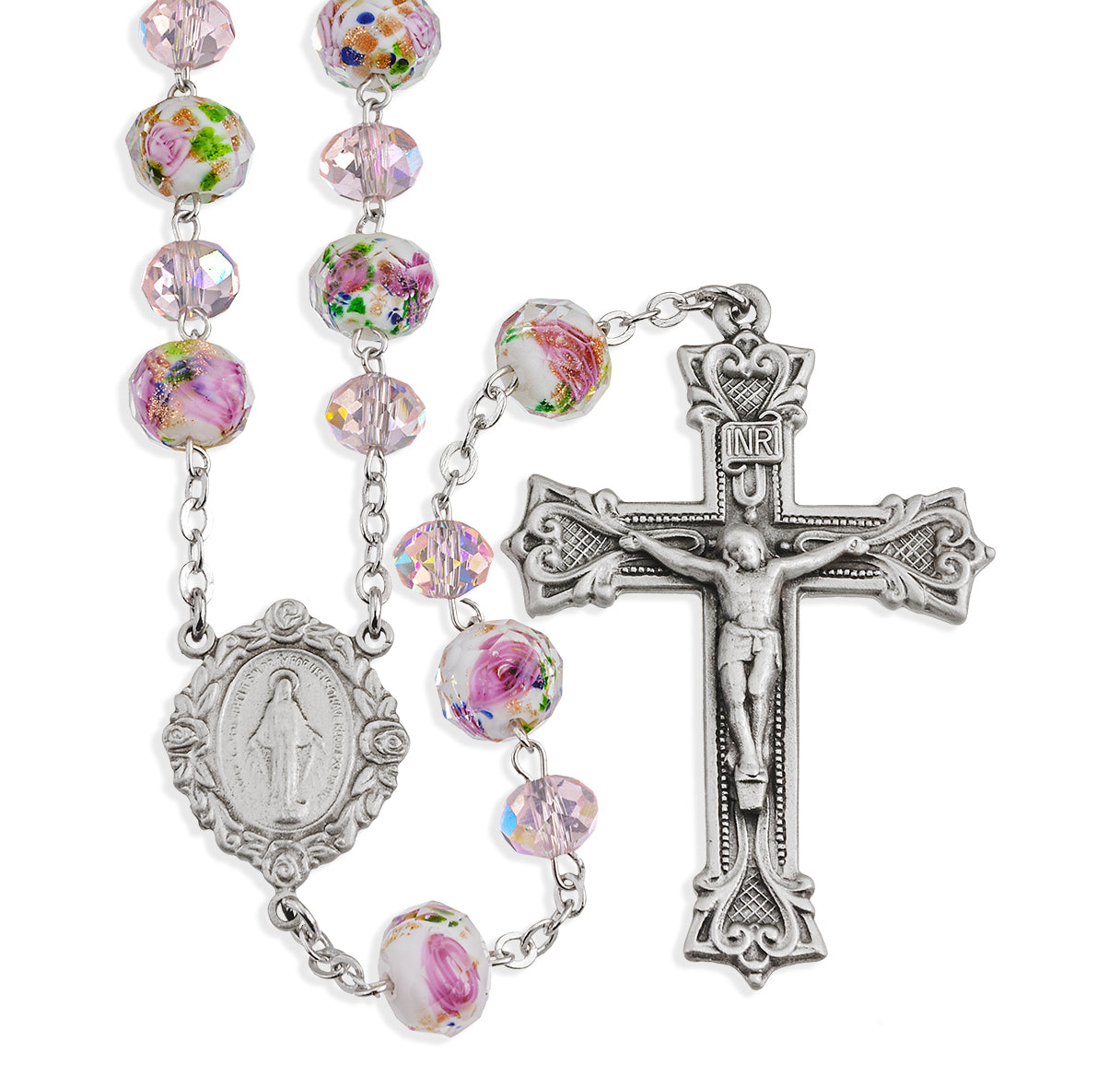 Heavenly Bouquet Pink Glass & Pewter Rosary