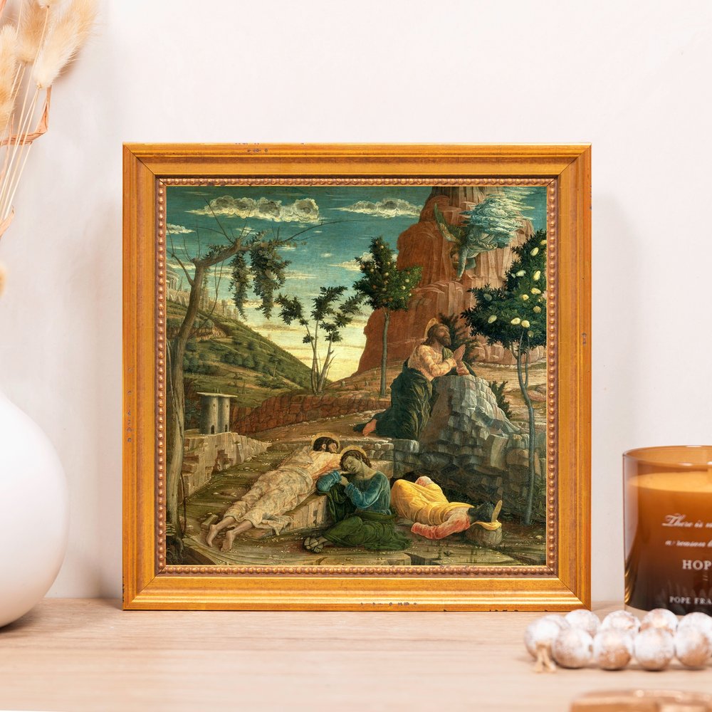 Framed painting print depicts a biblical scene in gold frame.