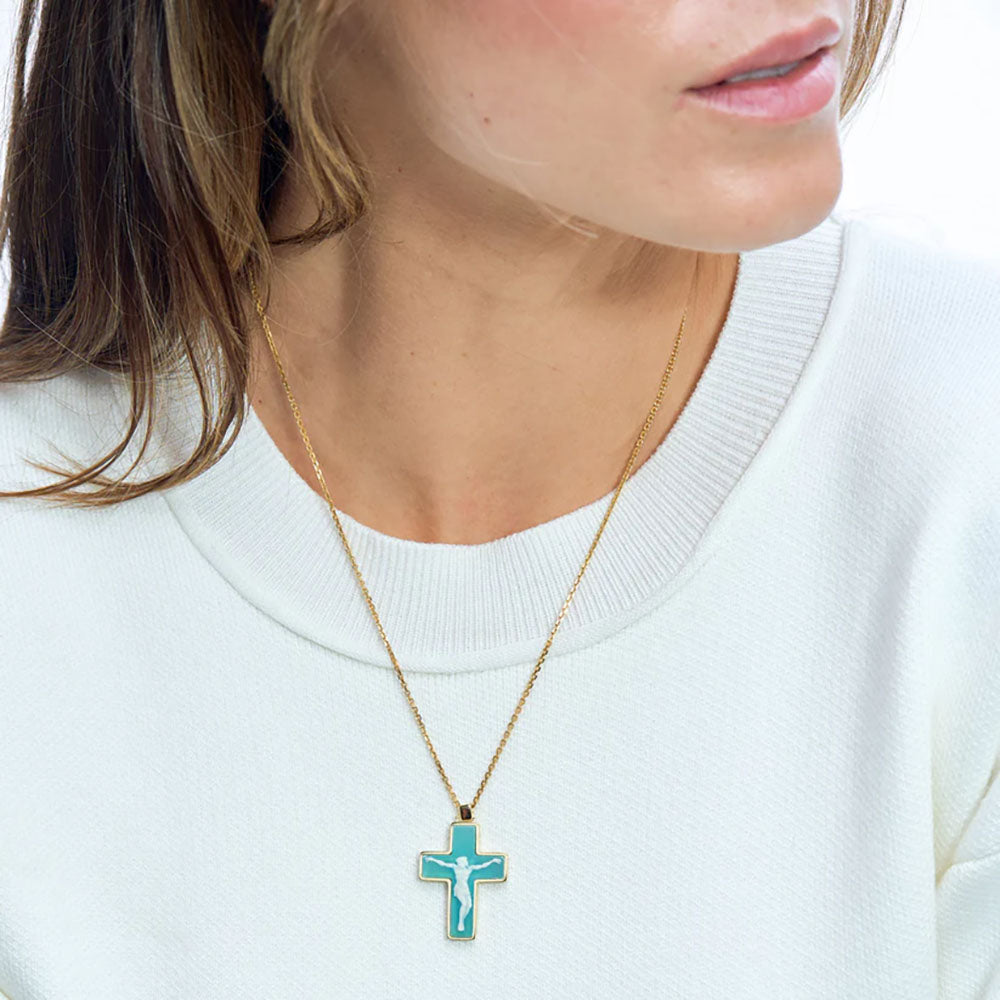 Carved Blue & White Cameo Crucifix Necklace