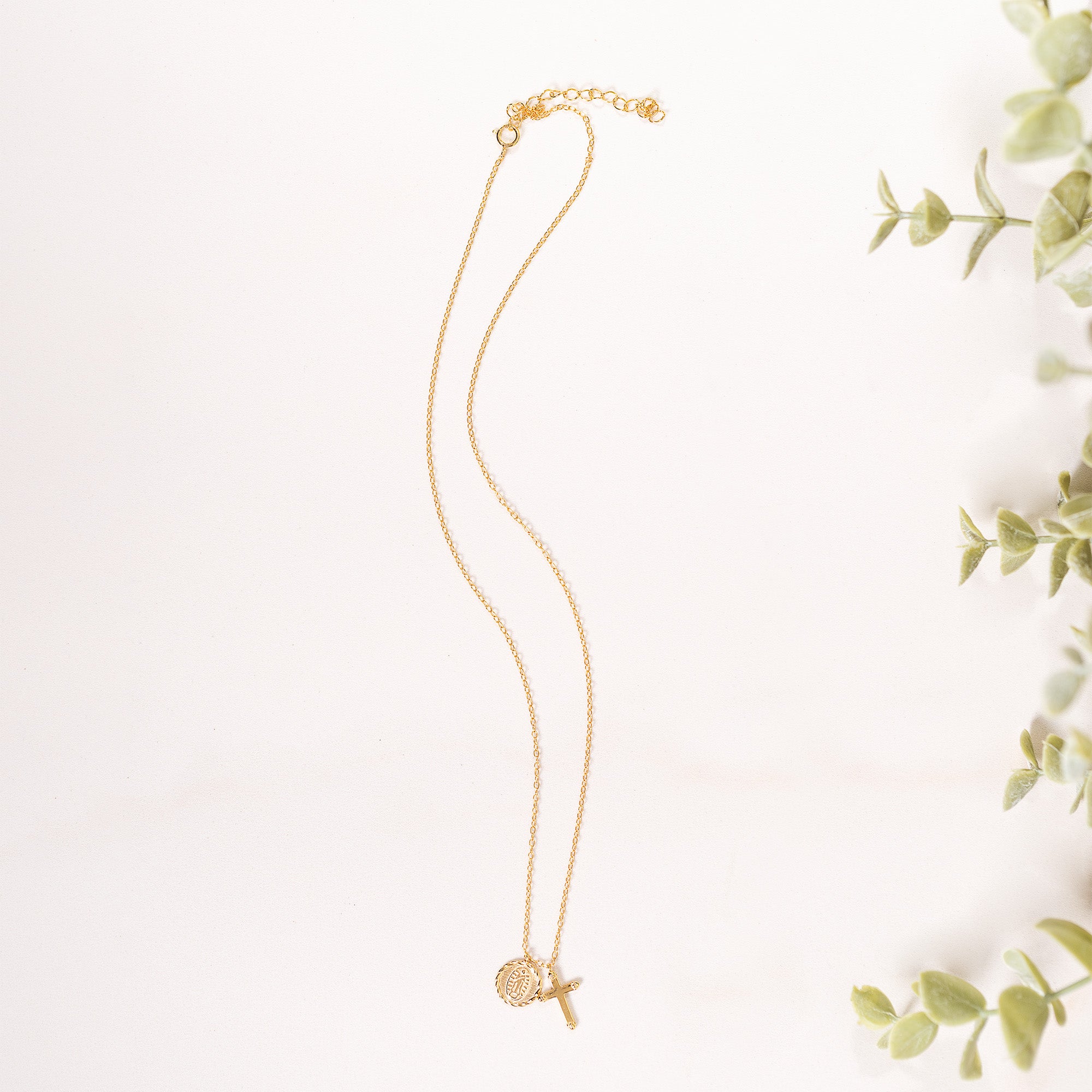 Pearlized Our Lady of Guadalupe & Cross Necklace