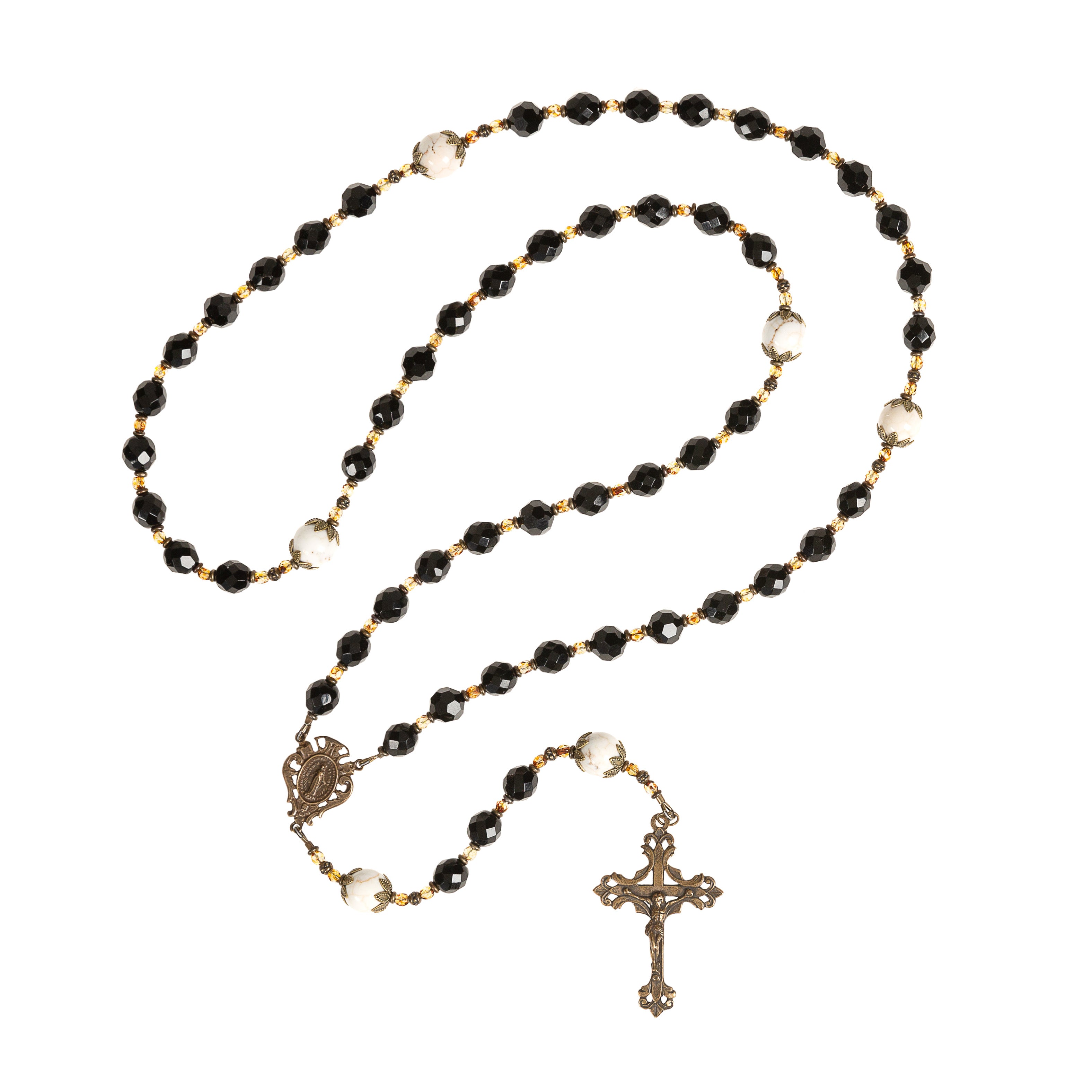 Good Catholic Jet Black & Ivory Antique Bronze Rosary