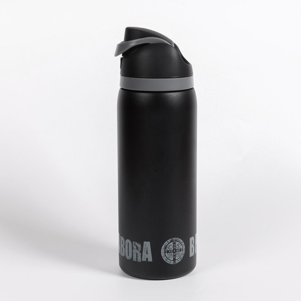Black, stainless steel water bottle with a gray lid and brand logo printed on the front.