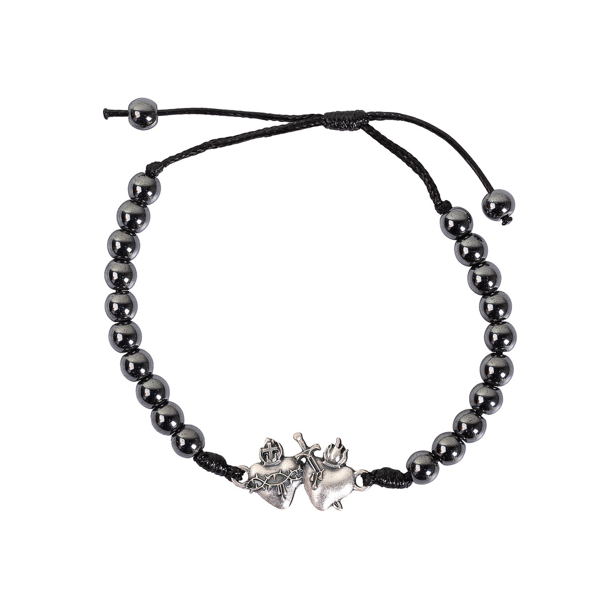 Sacred & Immaculate Hearts Hematite Corded Bracelet