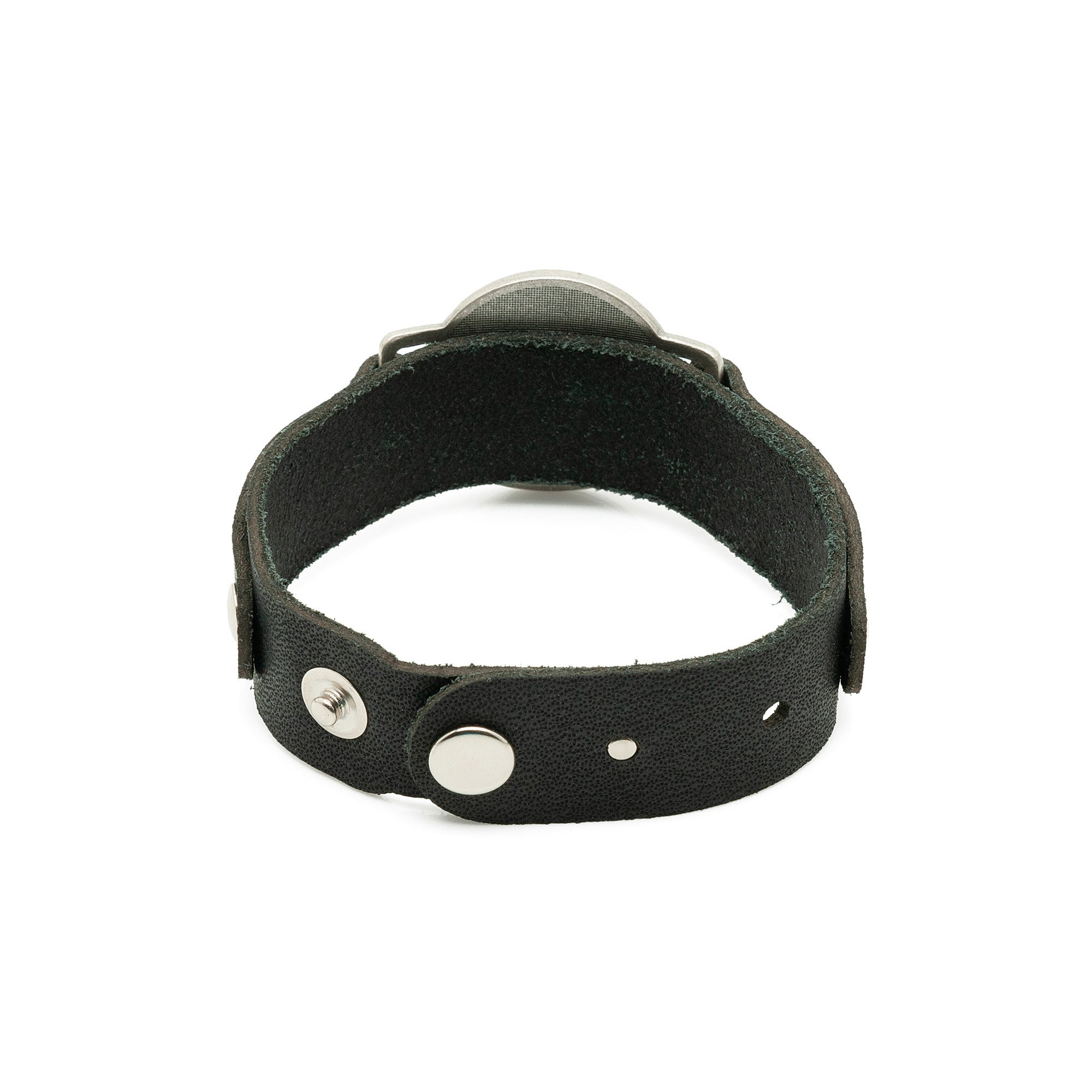 Black leather watch with silver hardware.