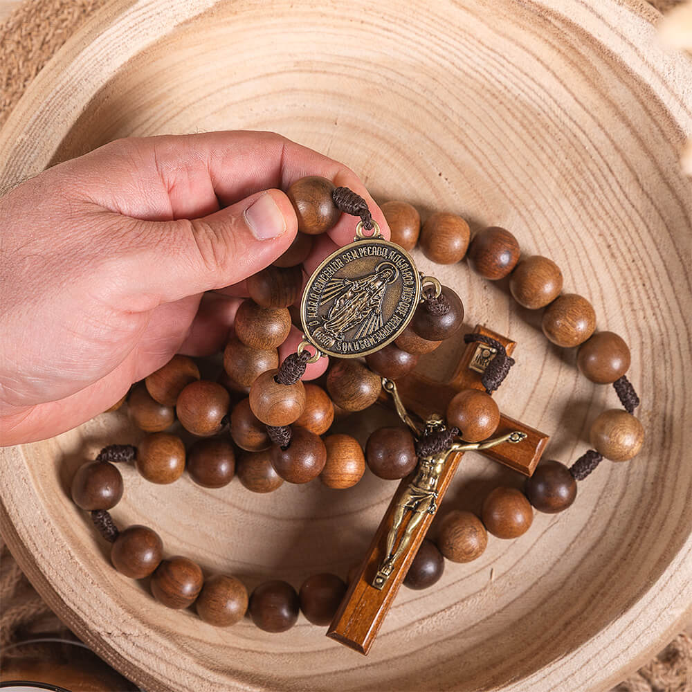 Miraculous Medal Wood Bead Wall Rosary