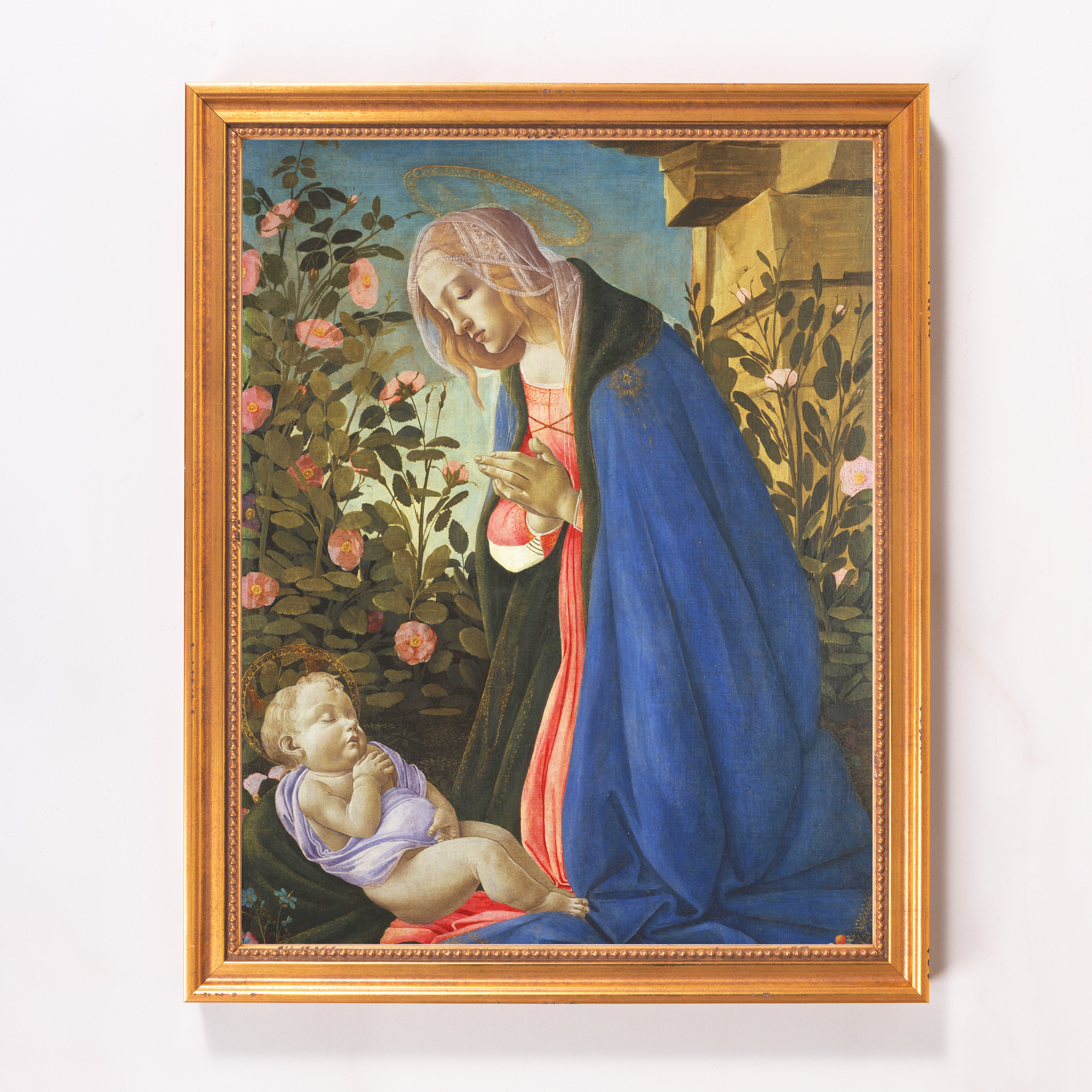 Framed, Renaissance-style oil painting of Madonna and Child, featuring muted blues and pinks, and gold halo.