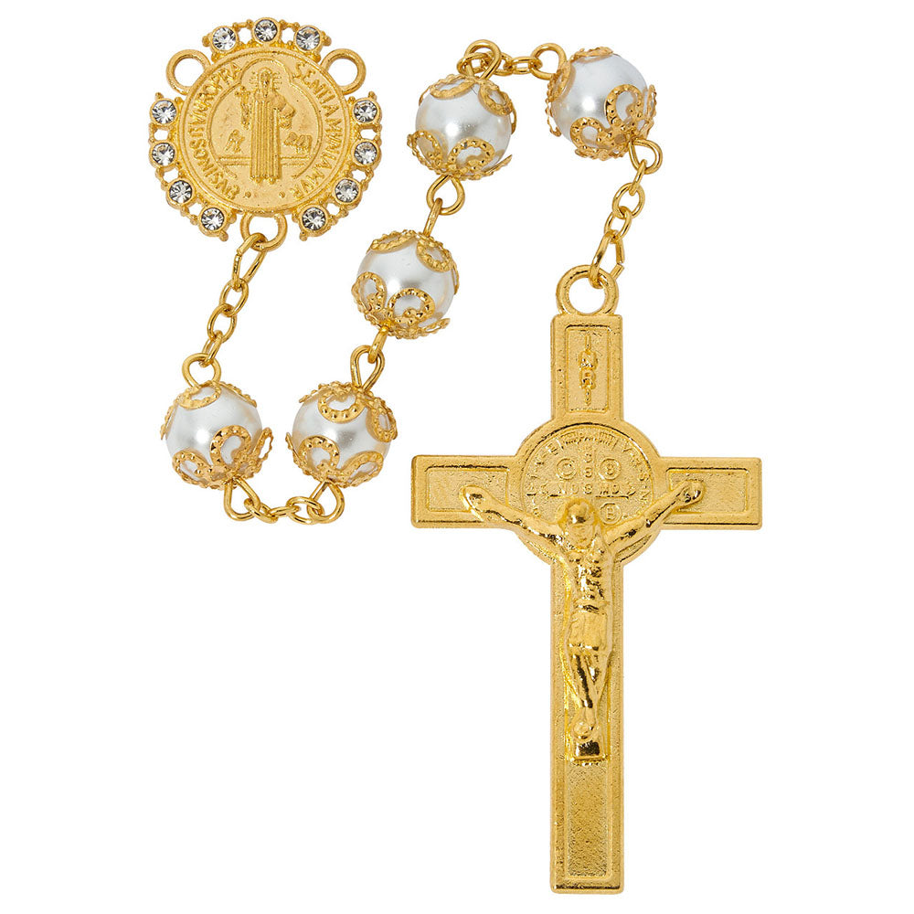 Capped Gold Pearl & Rhinestone St. Benedict Rosary | The Catholic Company®