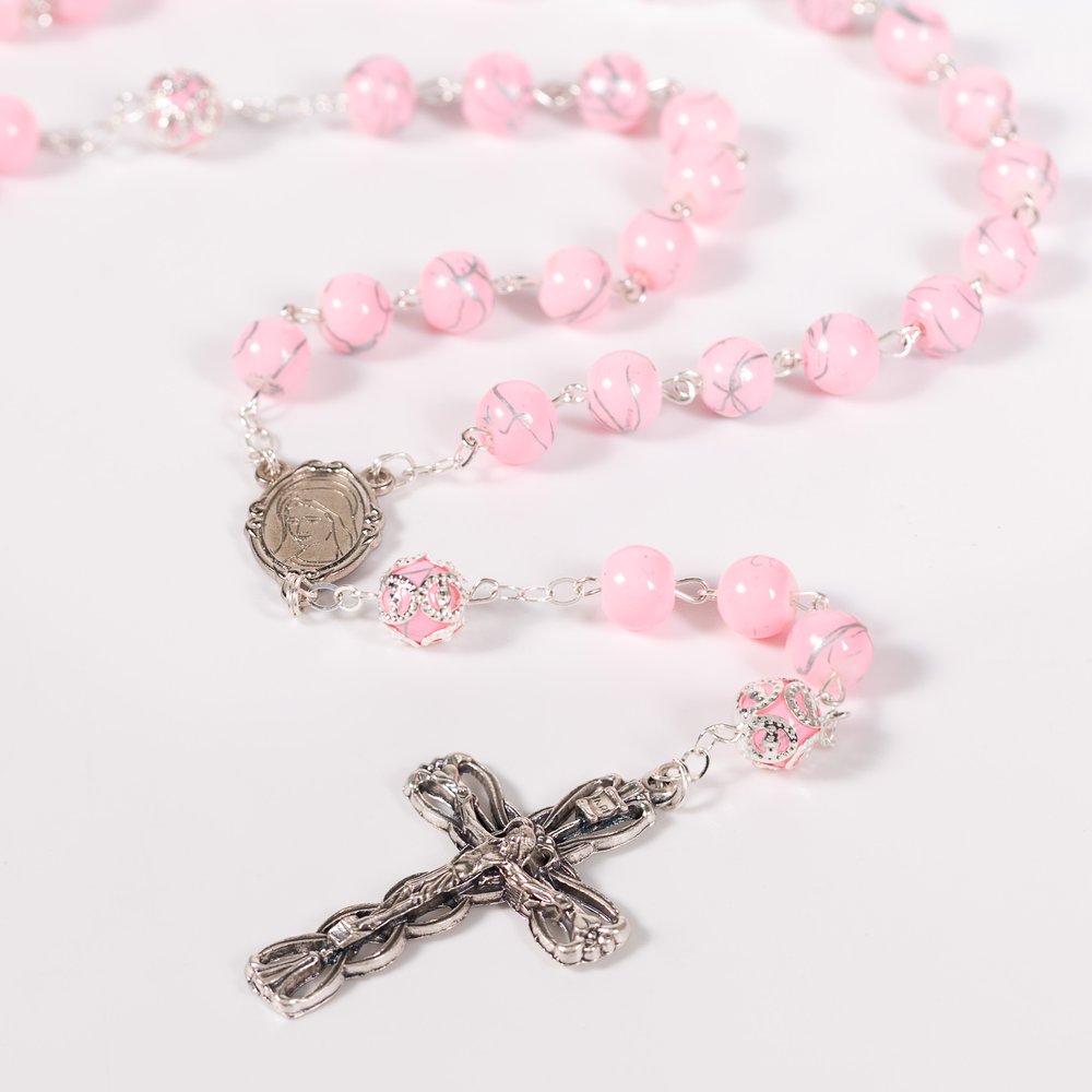 Italian Marbled Silver & Pink Bead Rosary