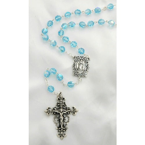Our Lady of Lourdes Sterling Silver Swarovski Aqua Rosary