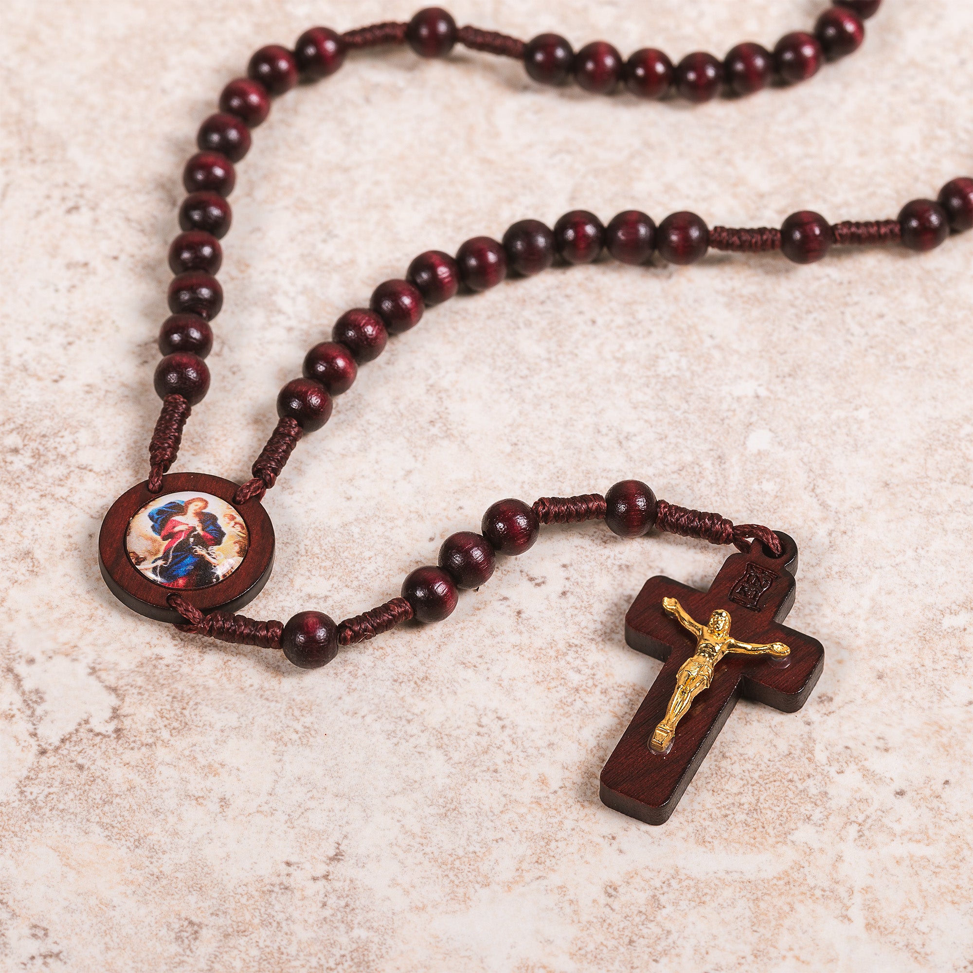 Mary Undoer of Knots Wood Rosary Necklace