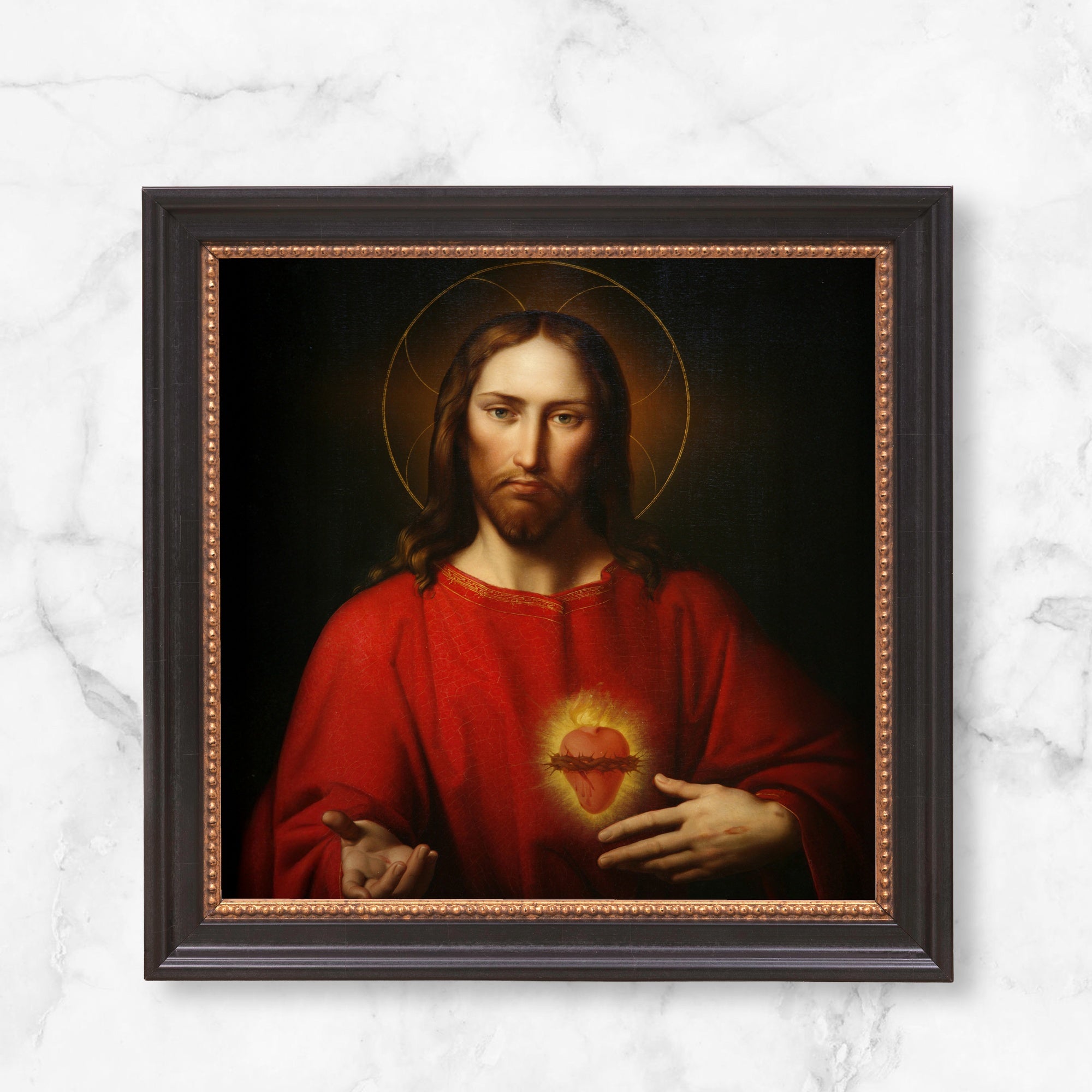 Framed Sacred Heart art print: Jesus portrait in red robe; wood frame.