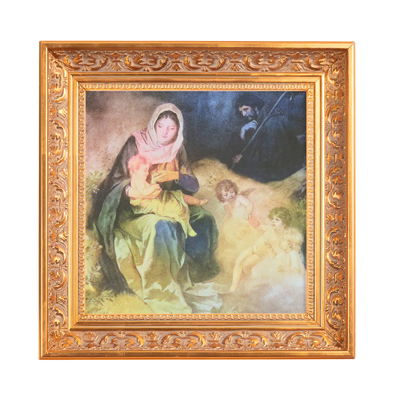 Framed Holy Family print features Mary, baby Jesus, and angels with an ornate gold frame.
