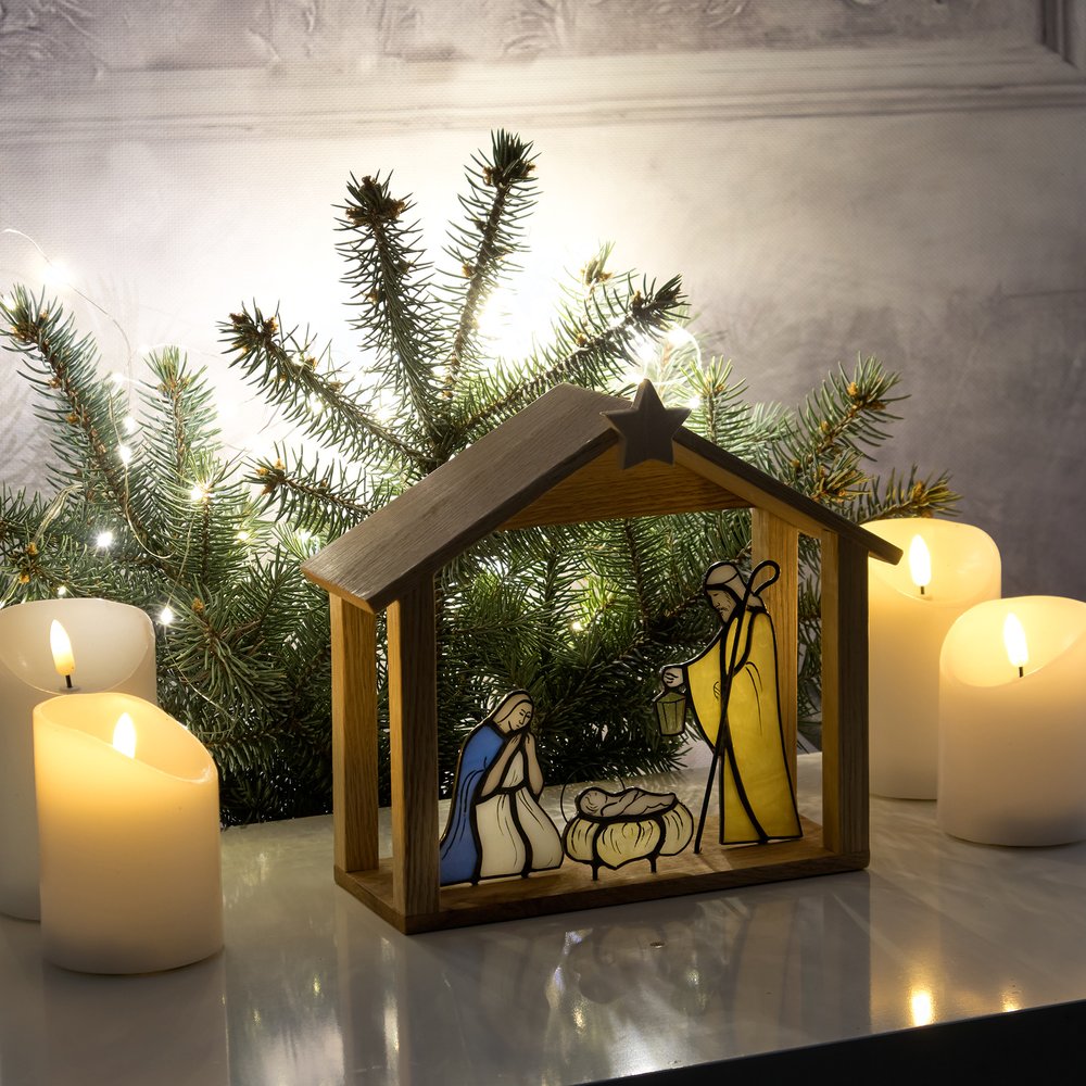 Handcrafted Stained Glass Nativity Scene with Wooden Stable