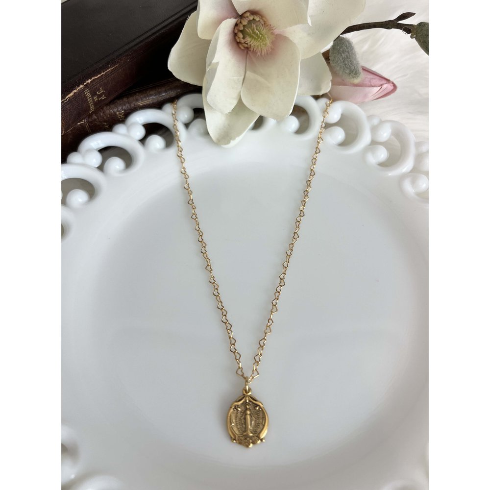 Gold Baroque Miraculous Medal on Heart Chain