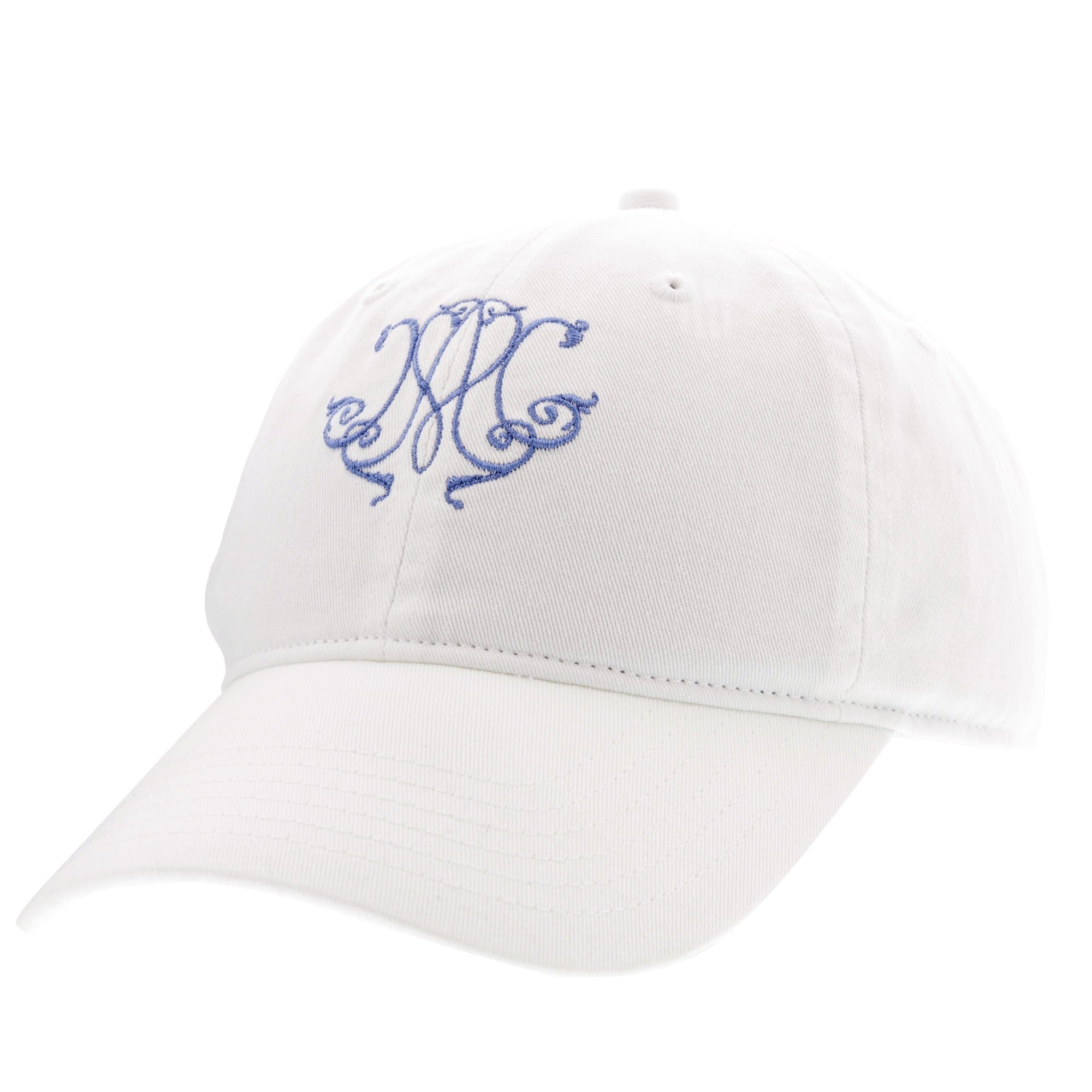 White cotton baseball cap with blue embroidered monogram on the front.