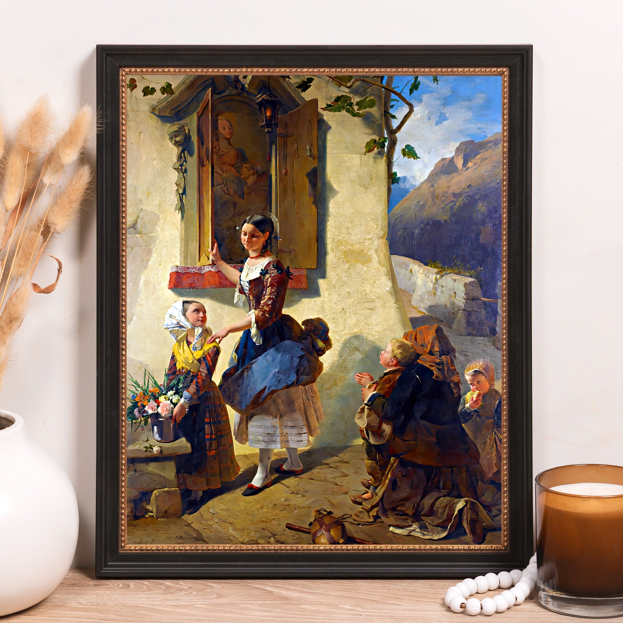 Framed oil painting depicting a woman greeting children in a quaint, rustic scene.