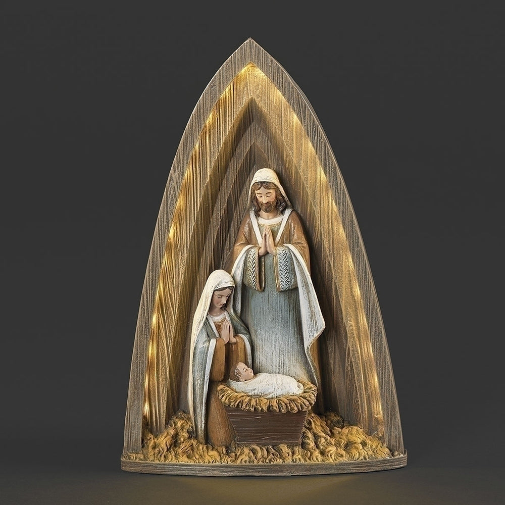 LED Lighted Holy Family Arched One-Piece Nativity Scene - 9"