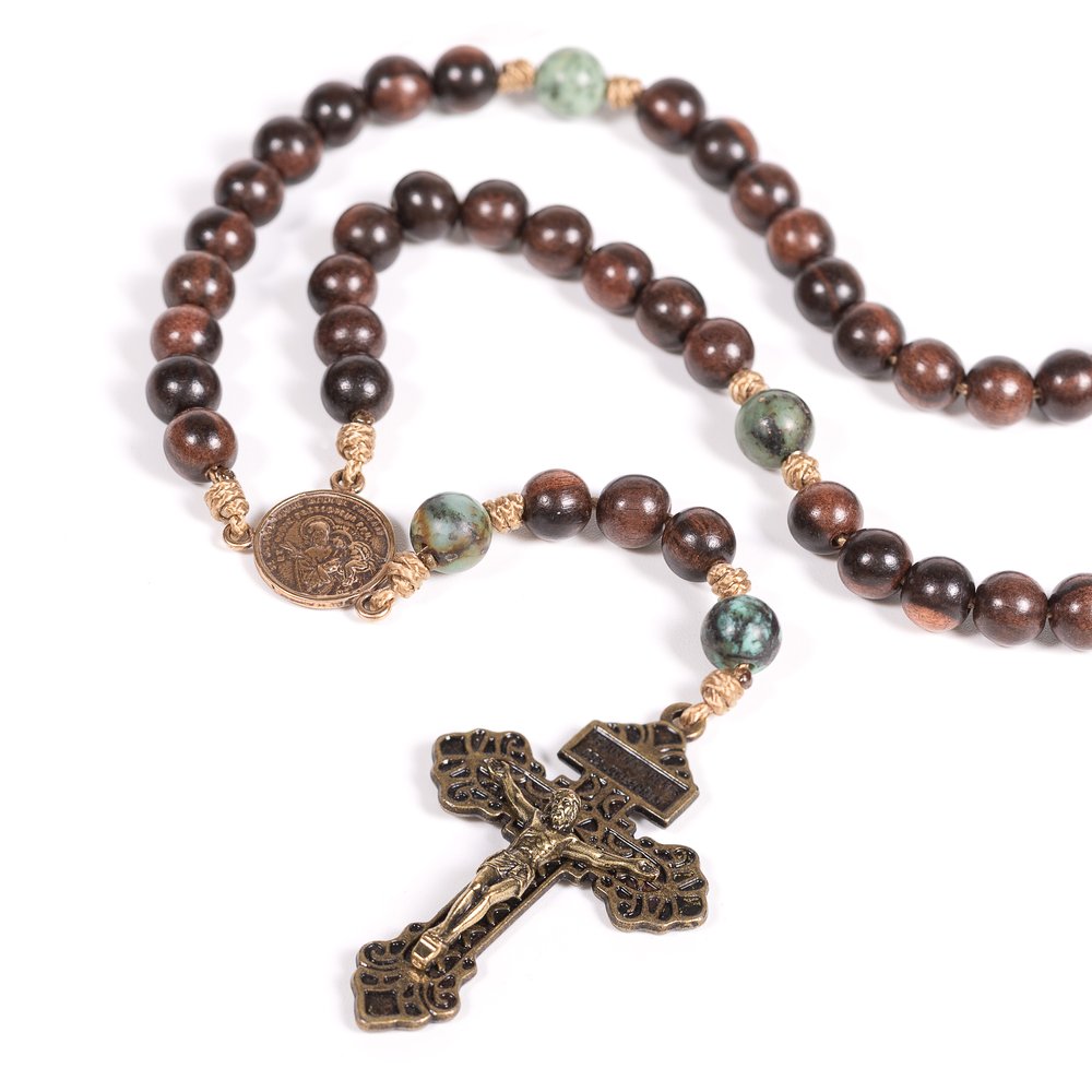 St. Joseph & Two Hearts Wood Bead Corded Rosary