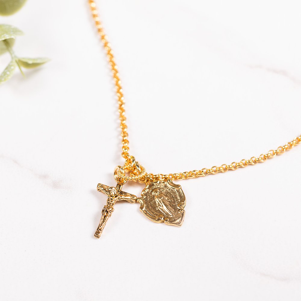 Gold Miraculous Medal & Crucifix Charm Necklace
