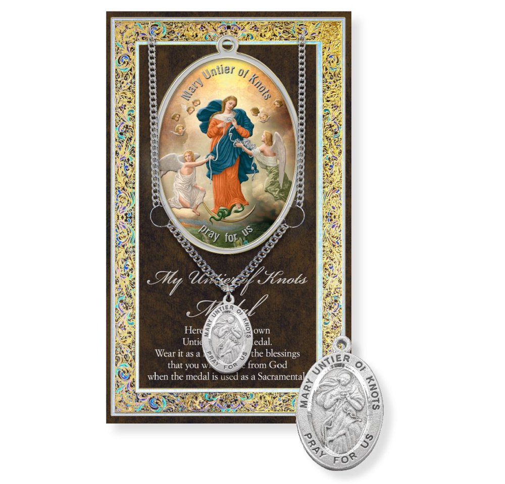 Our Lady Untier of Knots Pewter Medal Necklace & Prayer Card Pamphlet - 18"