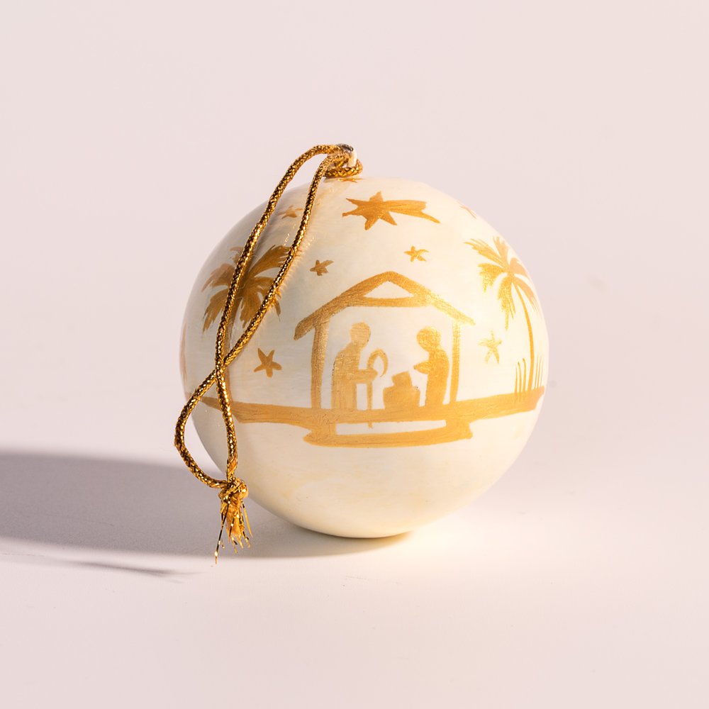 White & Gold Papier-Mâché Nativity Ornament