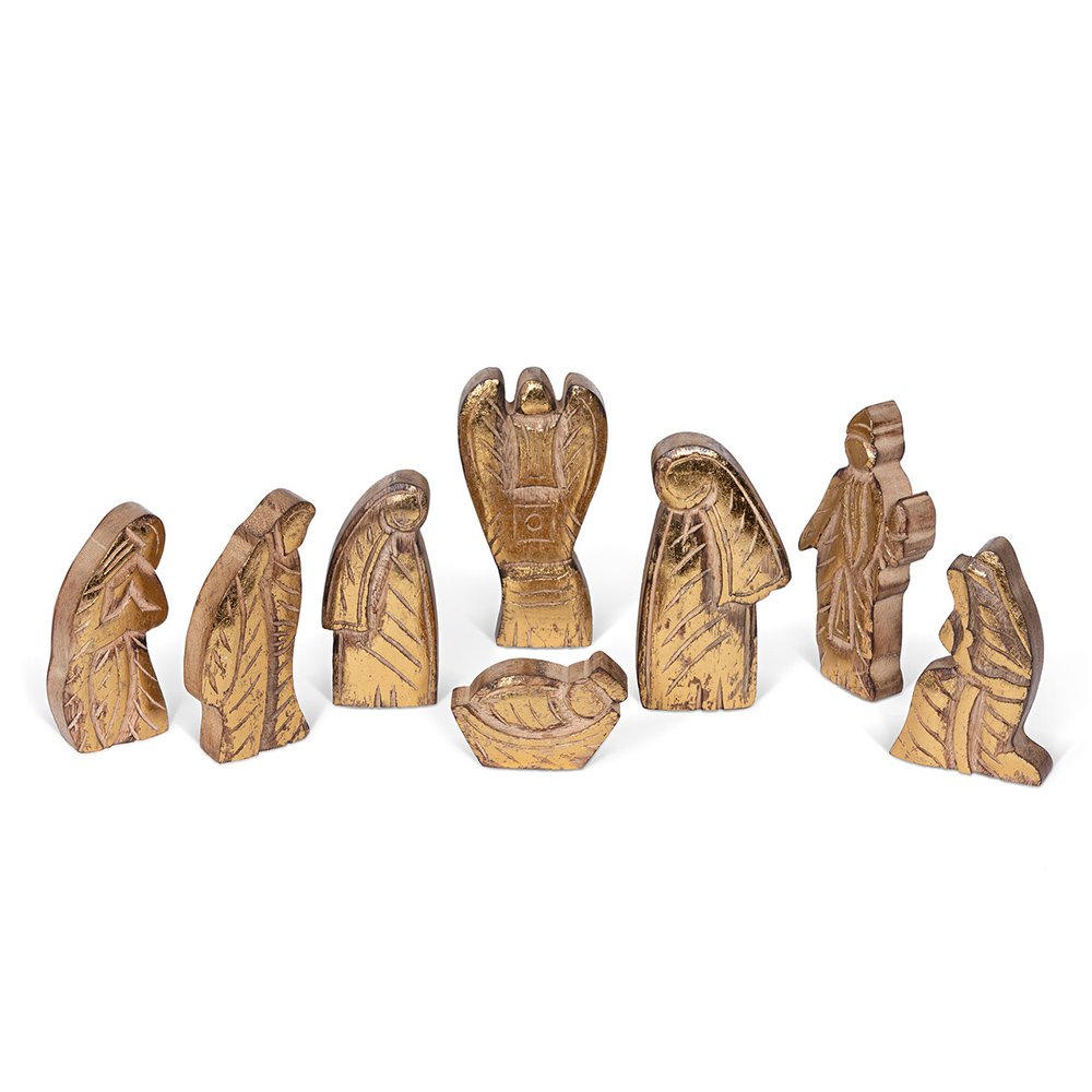 Gilded Wood Carved Nativity Set - 8 Pieces