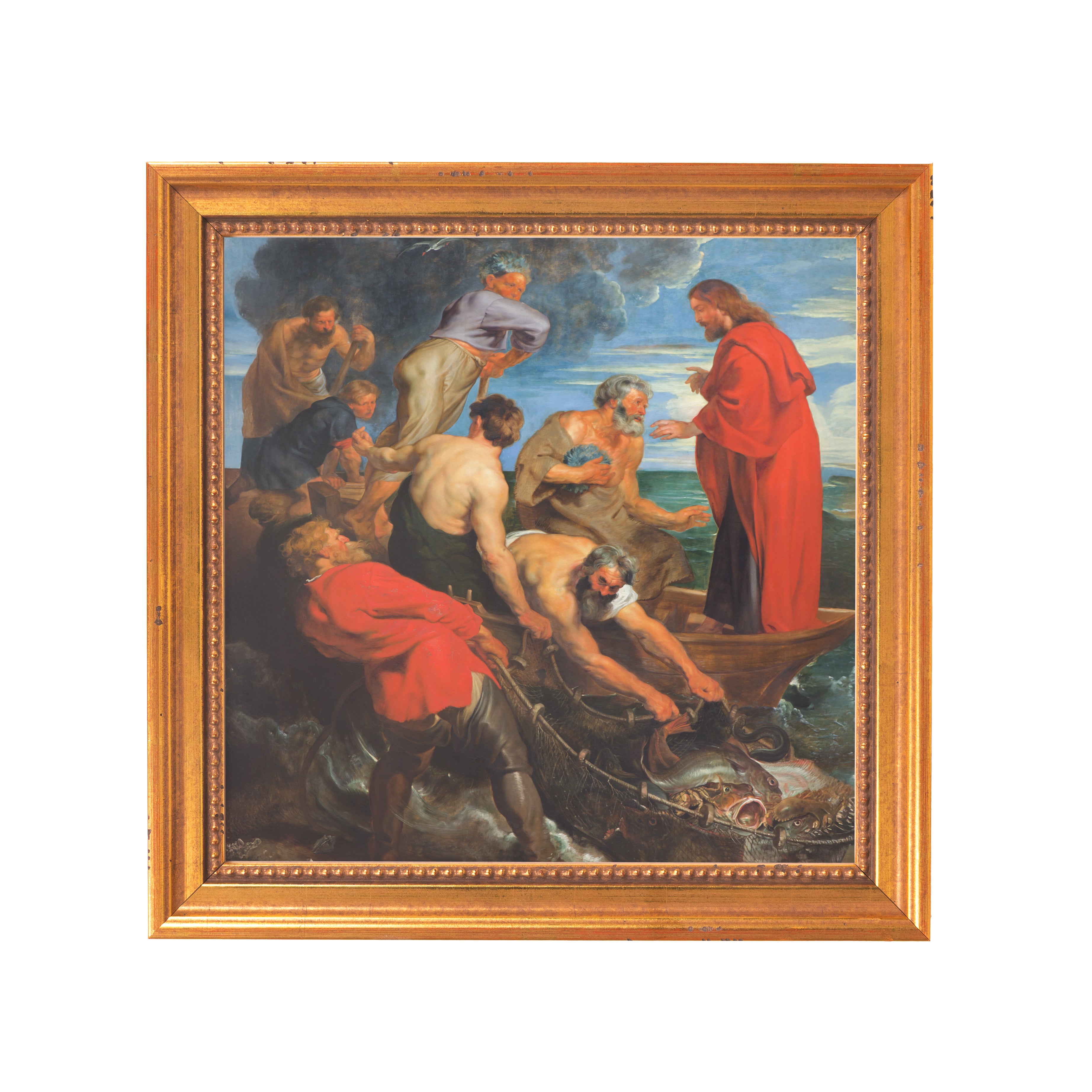 Framed painting depicts men hauling fish onto a boat, oil on canvas with gold frame.