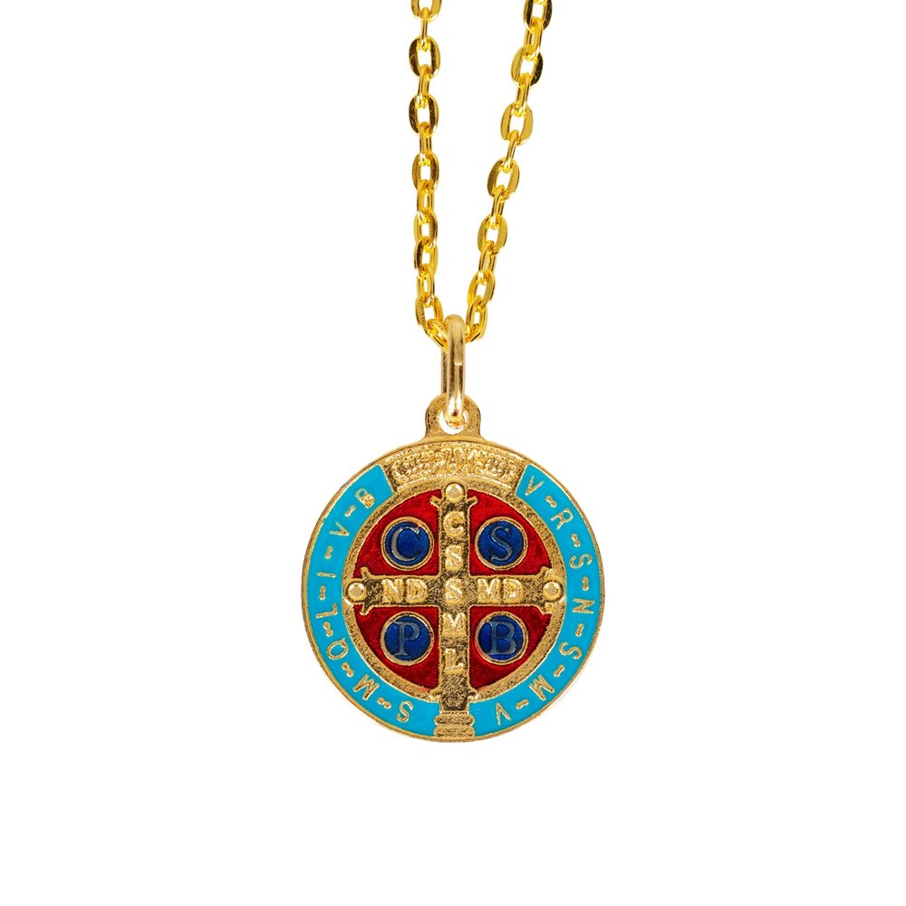 St. Benedict Gilt Gold and Aqua Medal - 24" Chain