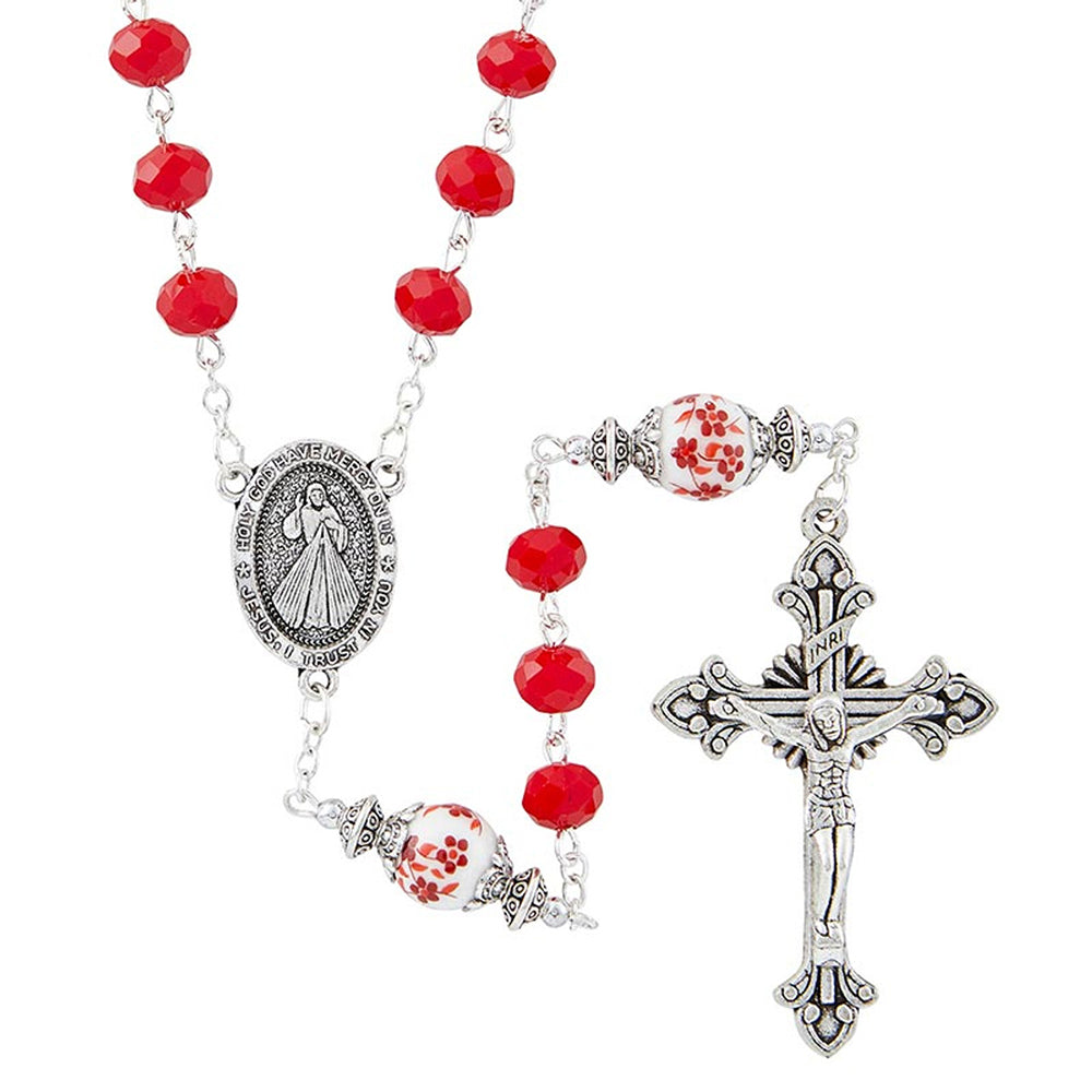 Divine Mercy Red Ceramic Floral Rosary