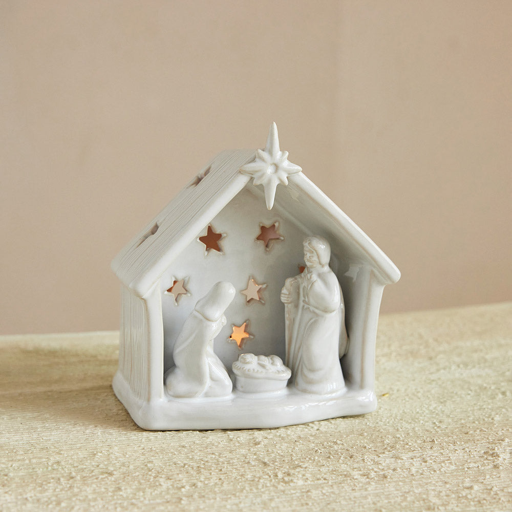 Holy Family Nativity Tea Light Holder with Star Cut-Outs