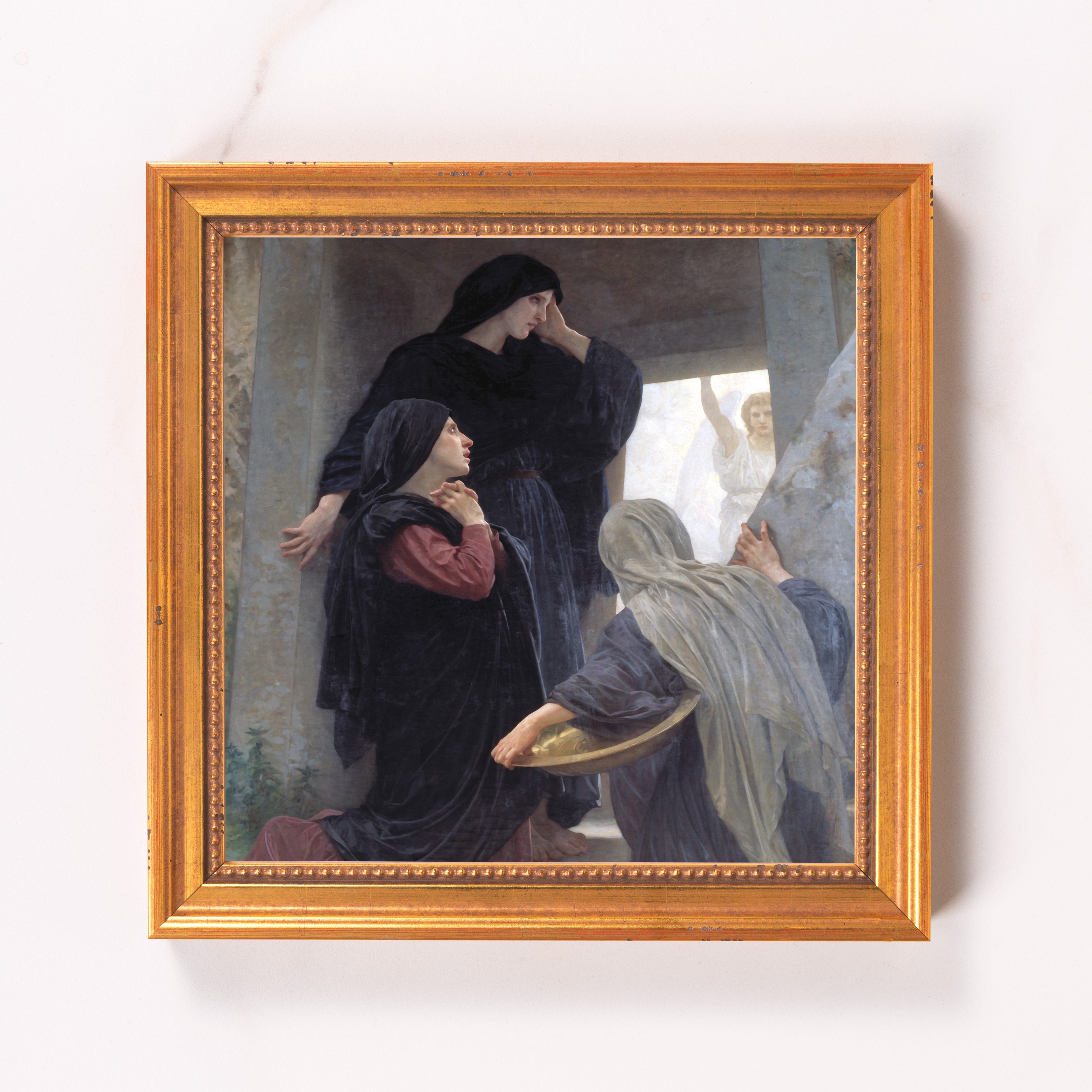 Framed oil painting, three women at a tomb with an angel, gold frame.