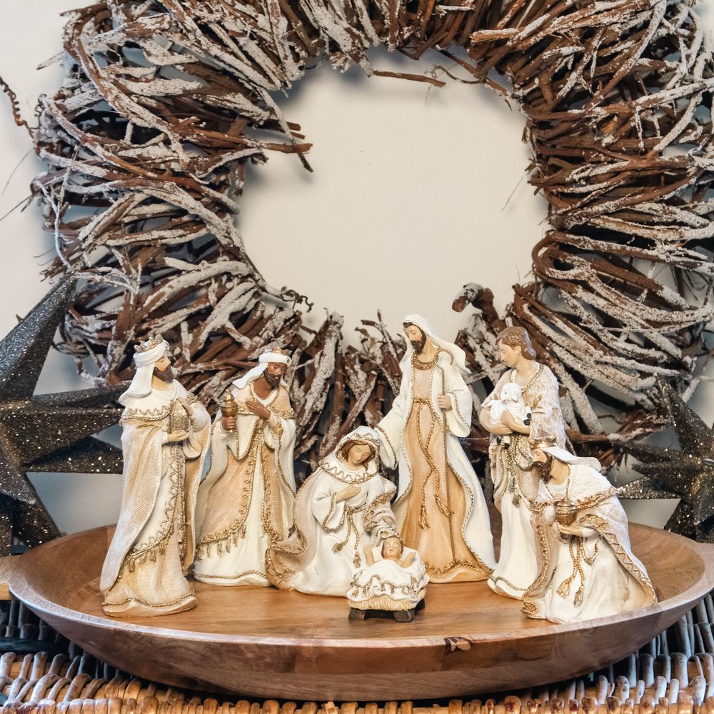 Woven Gold Trimmed Fabric Look Nativity - 7 Pieces