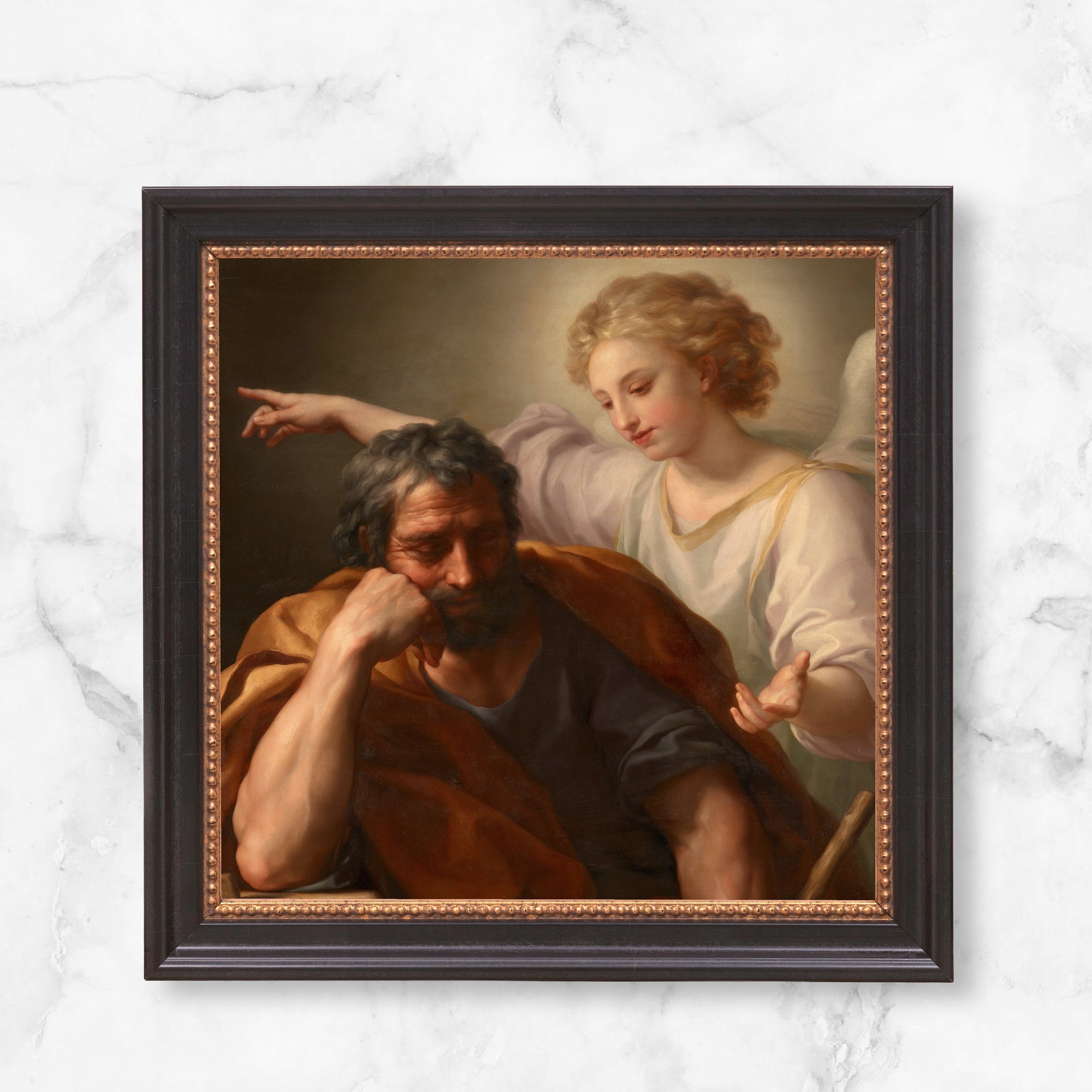 Framed oil painting, "Saint Joseph's Dream", features an angel speaking to Saint Joseph in earth tones, wood frame.