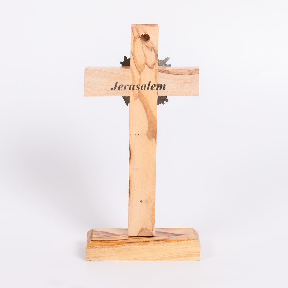 Holy Land Crown of Thorns Olive Wood Standing Cross - 6"