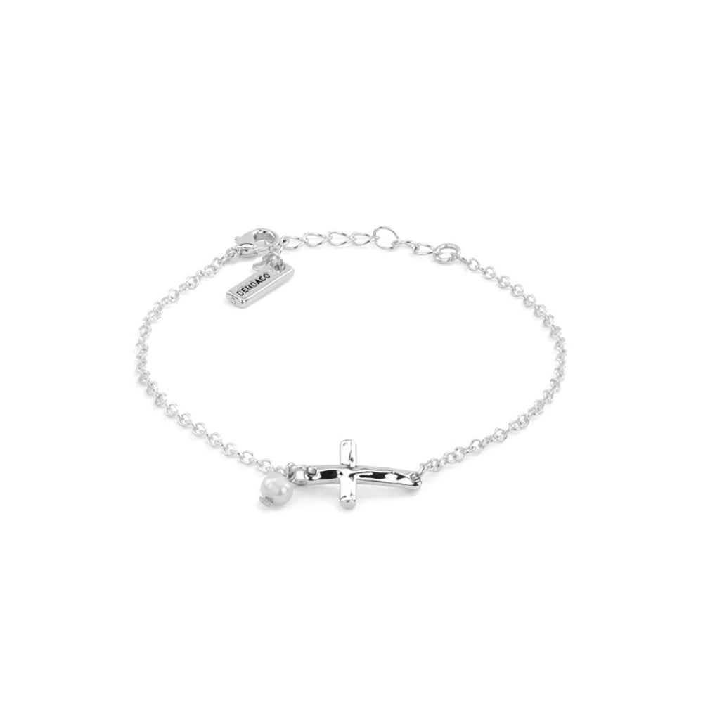 Silver bracelet with a sideways cross and pearl detail on a delicate chain.