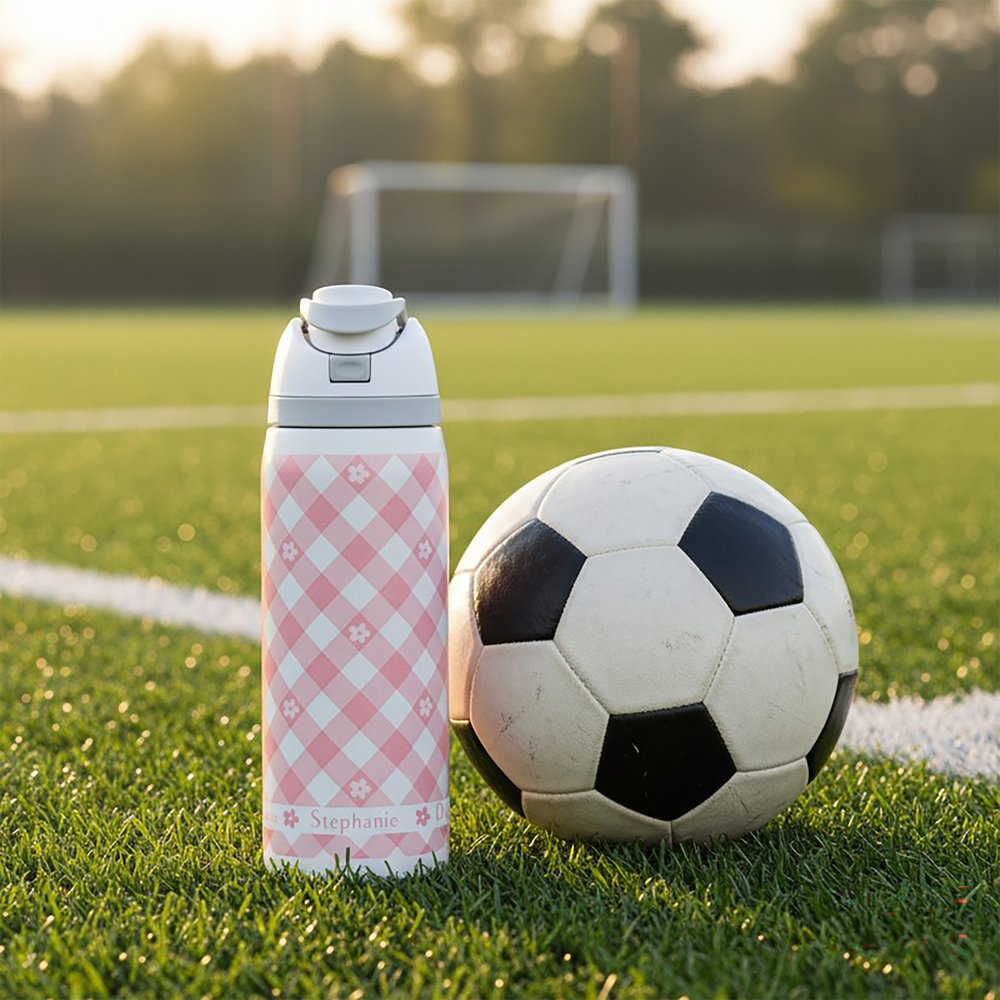 Insulated water bottle with pink gingham pattern and flip-top lid for hydration during sports.