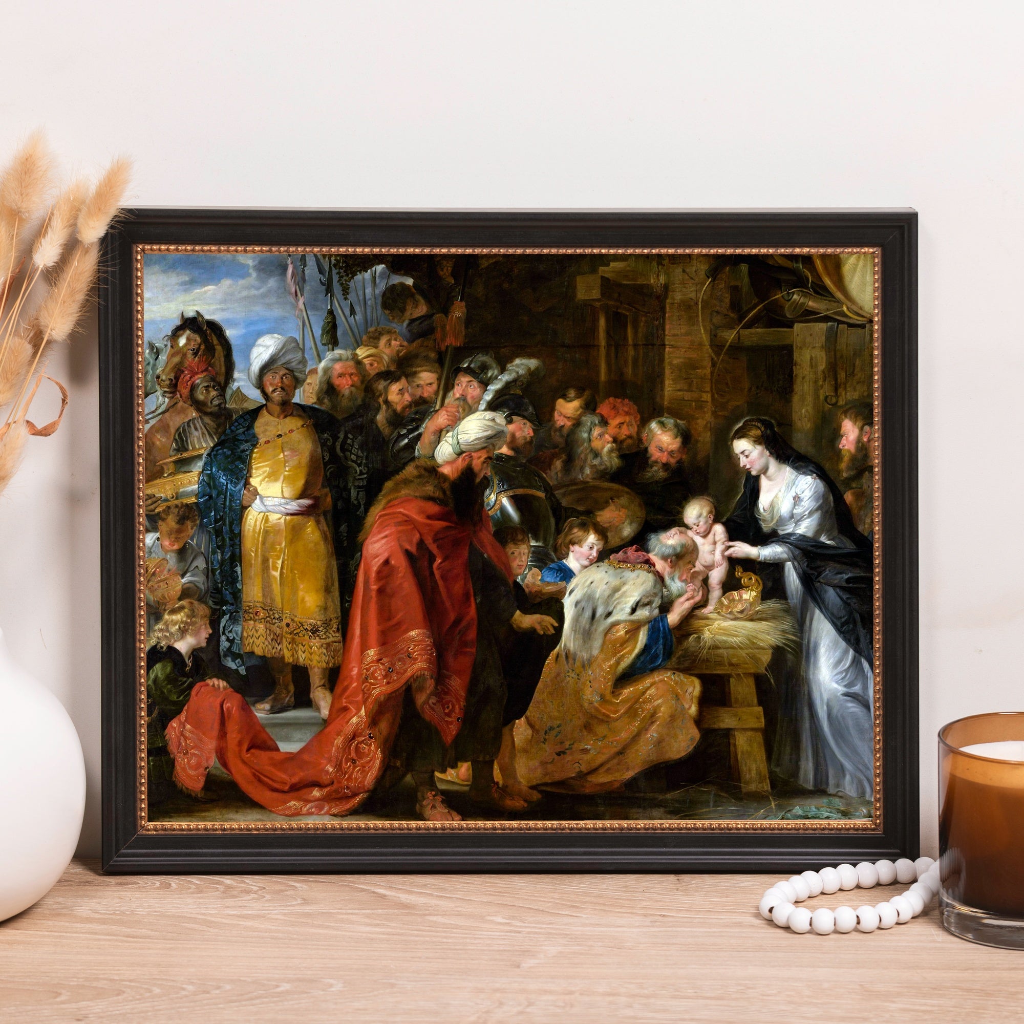 Framed print depicting the Adoration of the Magi, oil painting style, ornate and colorful.