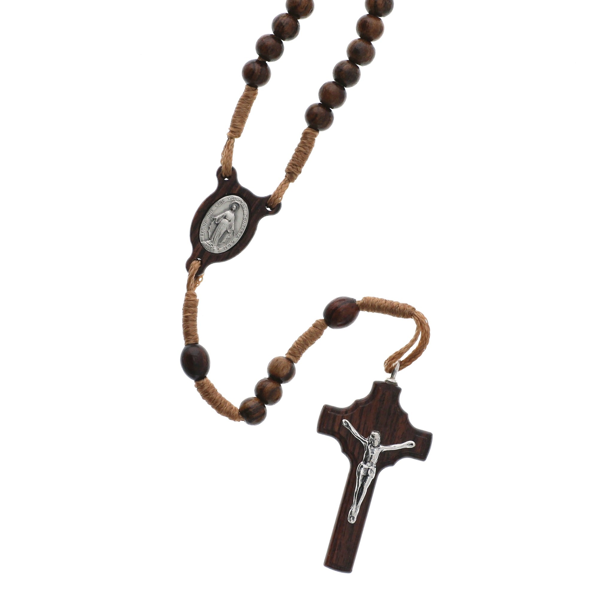 Italian Sterling Silver & Wood Corded Rosary