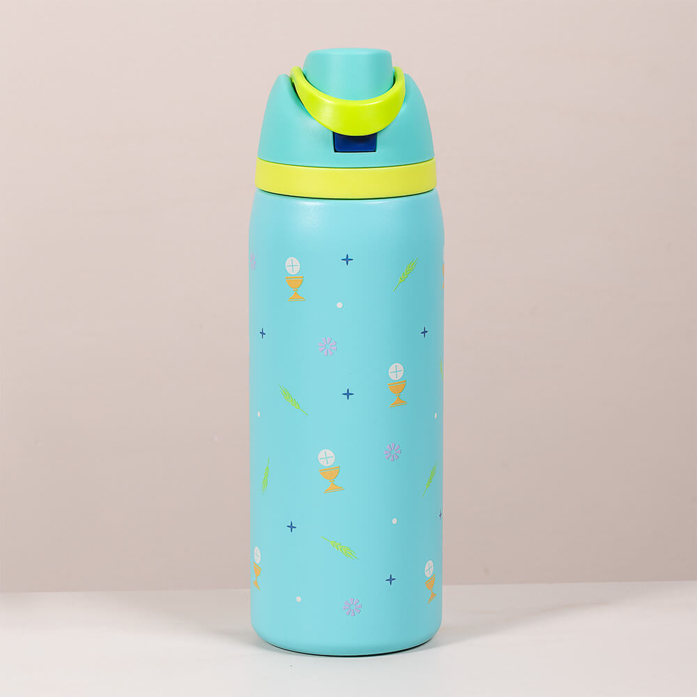 Personalized First Communion Water Bottle & Rosary Gift Set with Stickers