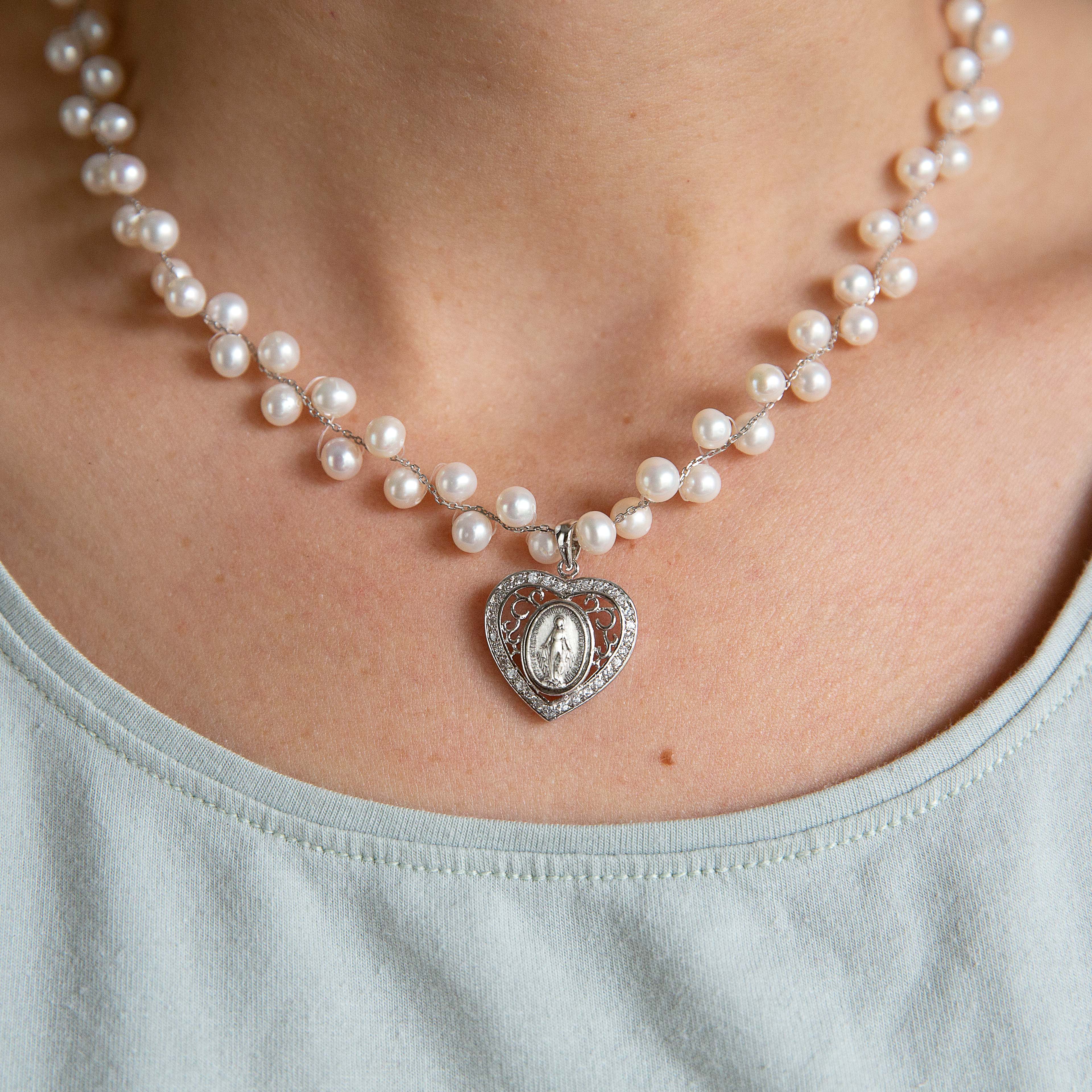 Grapevine Pearl Miraculous Medal Heart Necklace