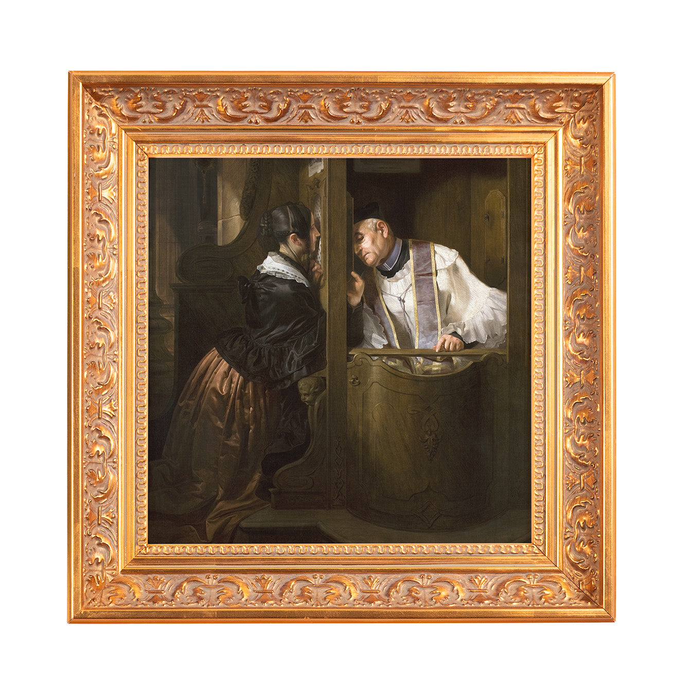 Framed painting depicts a woman confessing to a priest, in dark brown and gold tones with a decorative gold frame.