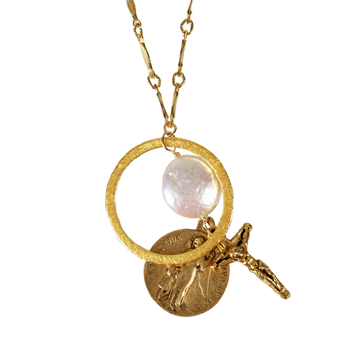 St. Michael, Crucifix and Freshwater Pearl Necklace
